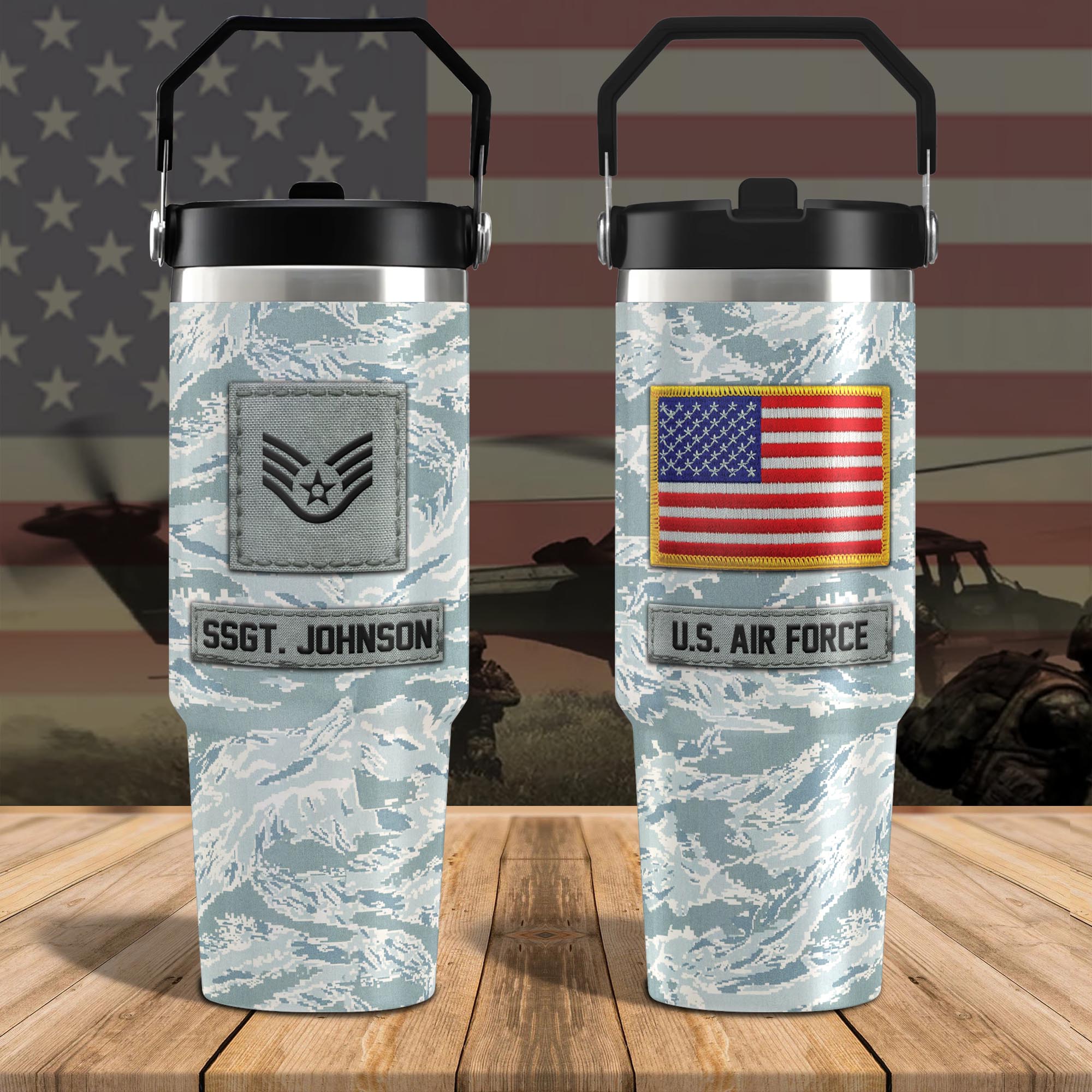 U.S. Air Force Flip Straw 30Oz Tumbler Custom Your Name And Rank, Camouflage Tumbler, US Military Gifts ETRG-59043