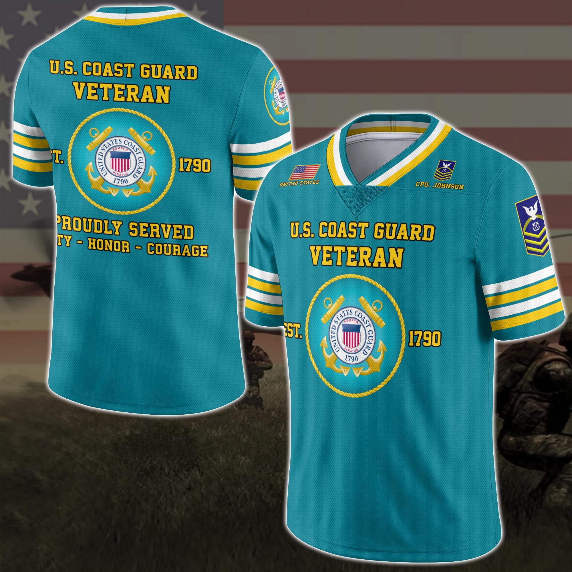 U.S. Coast Guard Vneck Football Jersey Custom Your Name And Rank, Military Shirts , US Military Gifts ETRG-58863