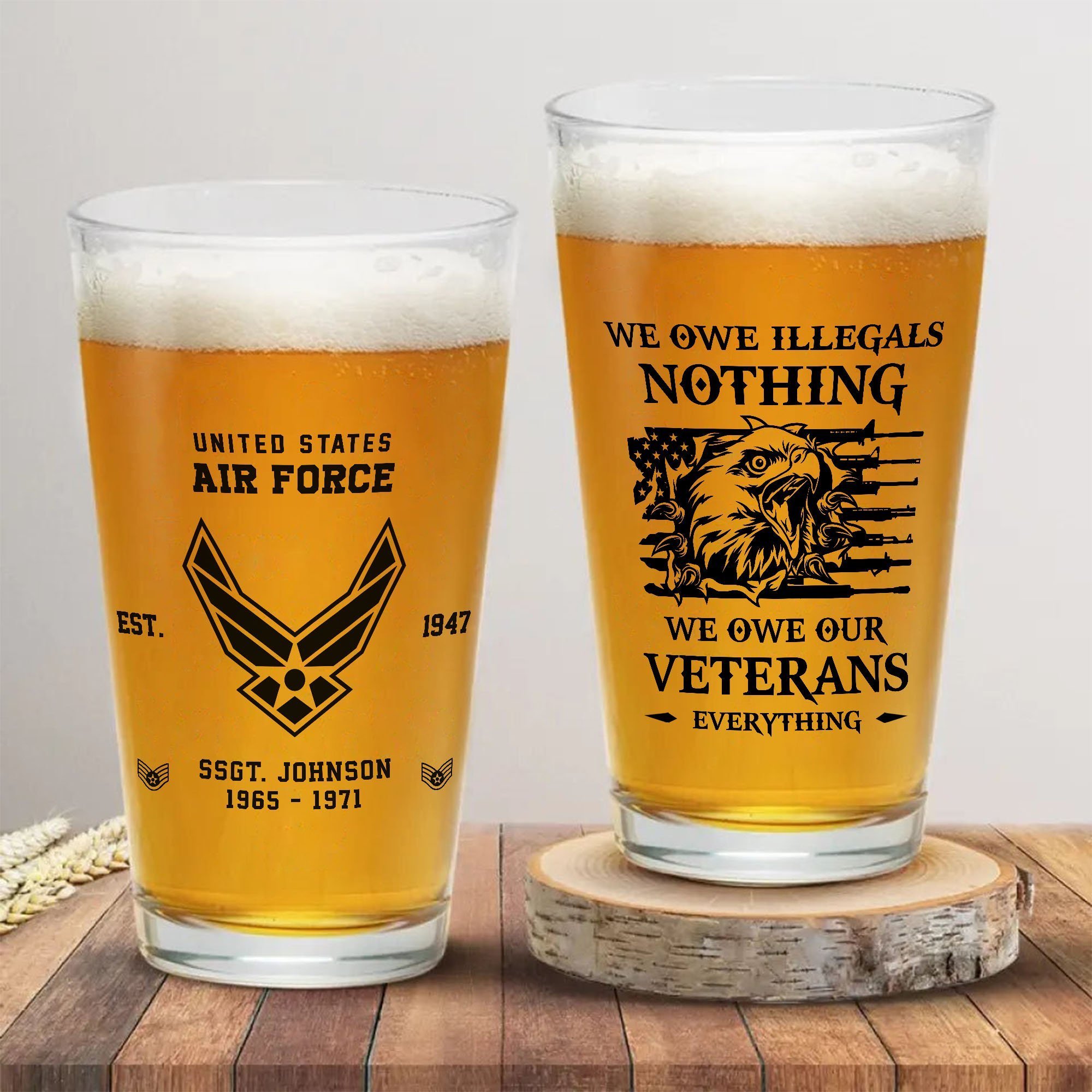 U.S. Air Force Beer Glass Custom Name, Year And Rank, US Military Glass For Soldiers, We Owe Illegals Nothing, US Military Gifts ETRG-59556