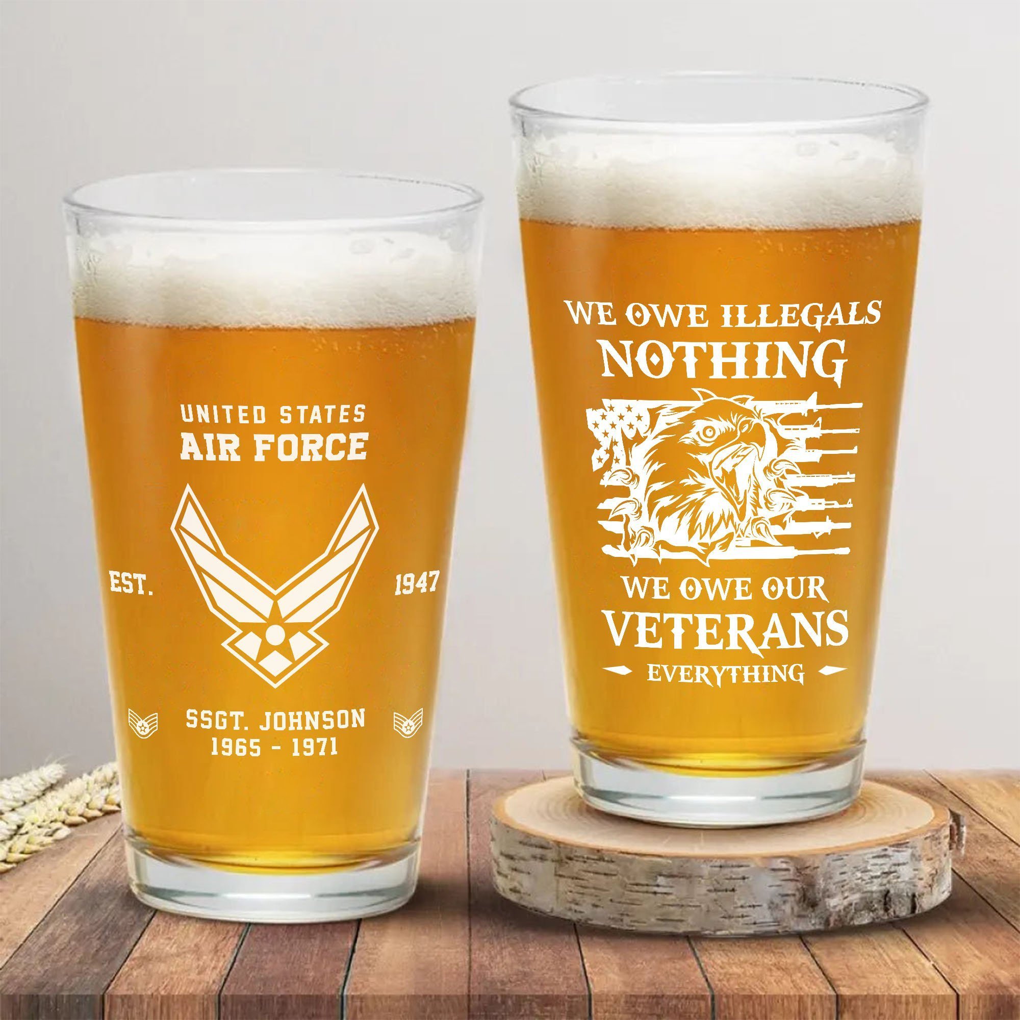 U.S. Air Force Beer Glass Custom Name, Year And Rank, US Military Glass, We Owe Illegals Nothing, US Military Gifts ETRG-59567