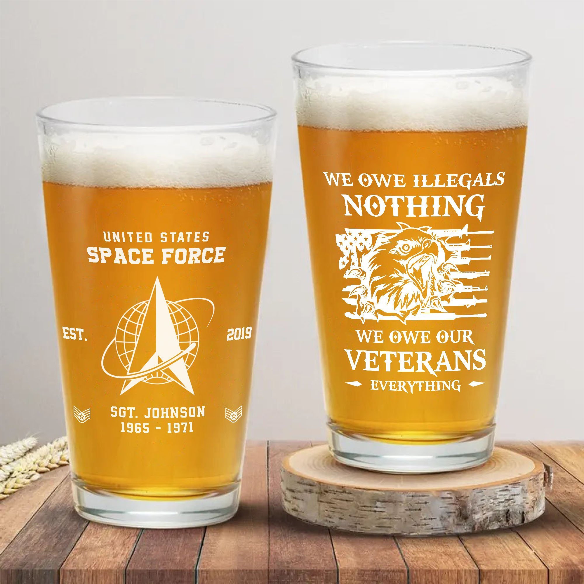 U.S. Space Force Beer Glass Custom Name, Year And Rank, US Military Glass, We Owe Illegals Nothing, US Military Gifts ETRG-59567