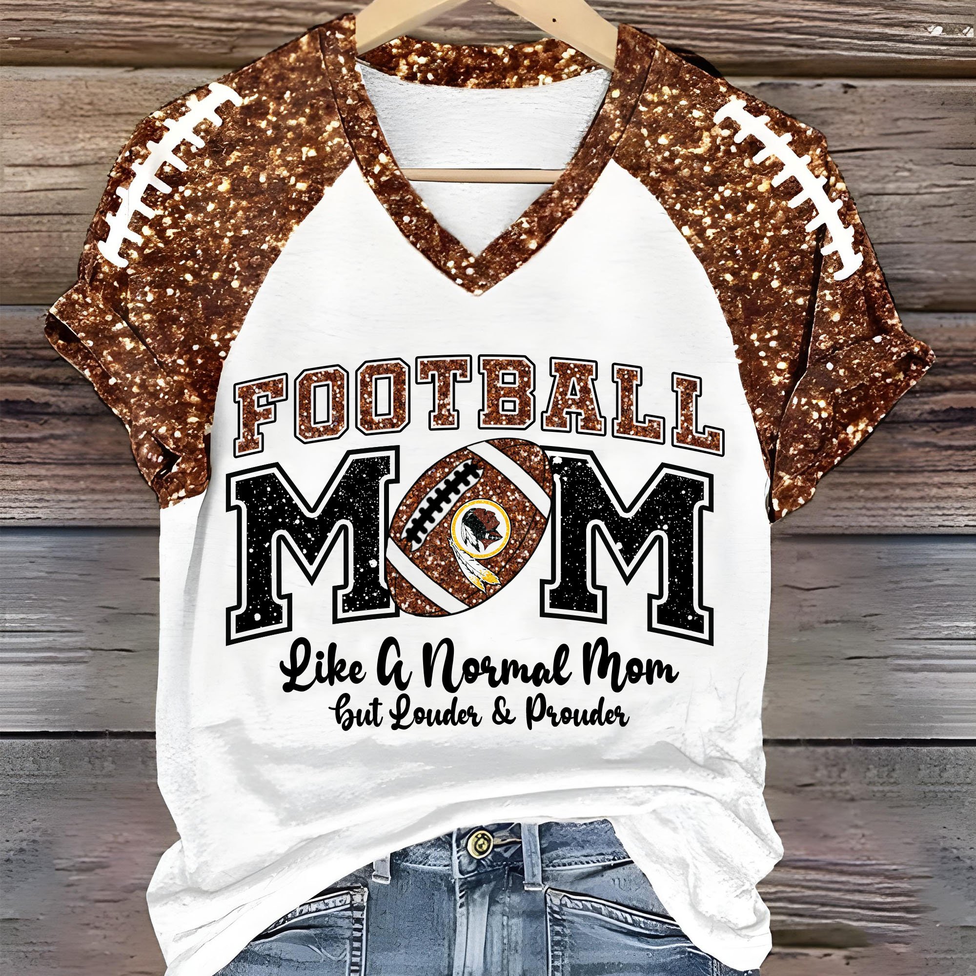 Washington Redskins Women's Glitter Football Mom Print Gameday Casual V-Neck Tee EHIVM-60659