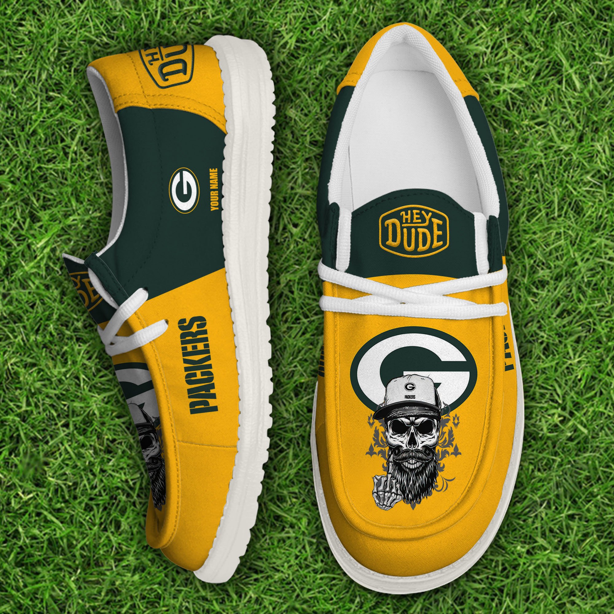 Green Bay Packers Football Hey Dude Canvas Loafer Shoes Custom Your Name, Sport Shoes For Fan, Fan Gifts 