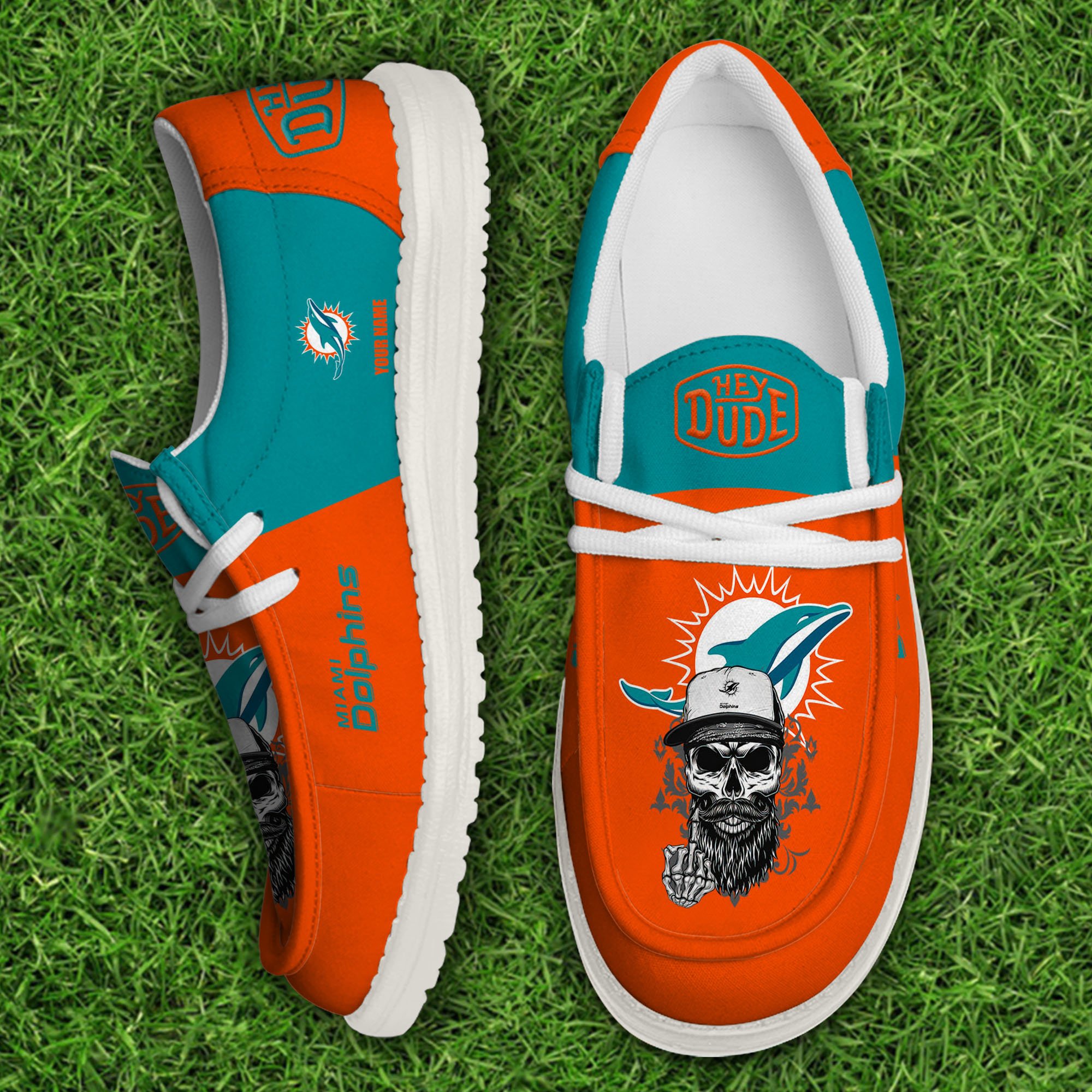 Miami Dolphins Football Hey Dude Canvas Loafer Shoes Custom Your Name, Sport Shoes For Fan, Fan Gifts 