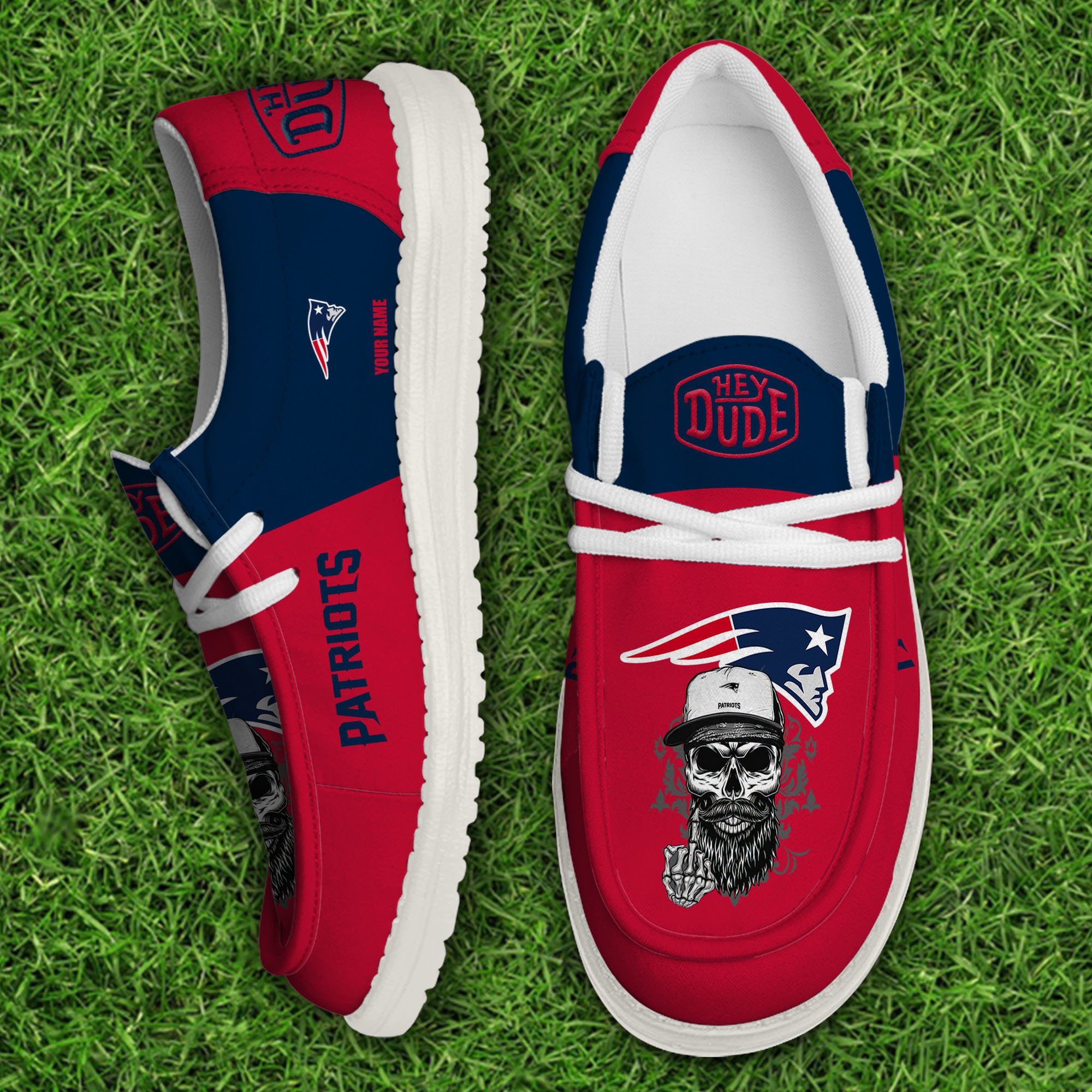 New England Patriots Football Hey Dude Canvas Loafer Shoes Custom Your Name, Sport Shoes For Fan, Fan Gifts 