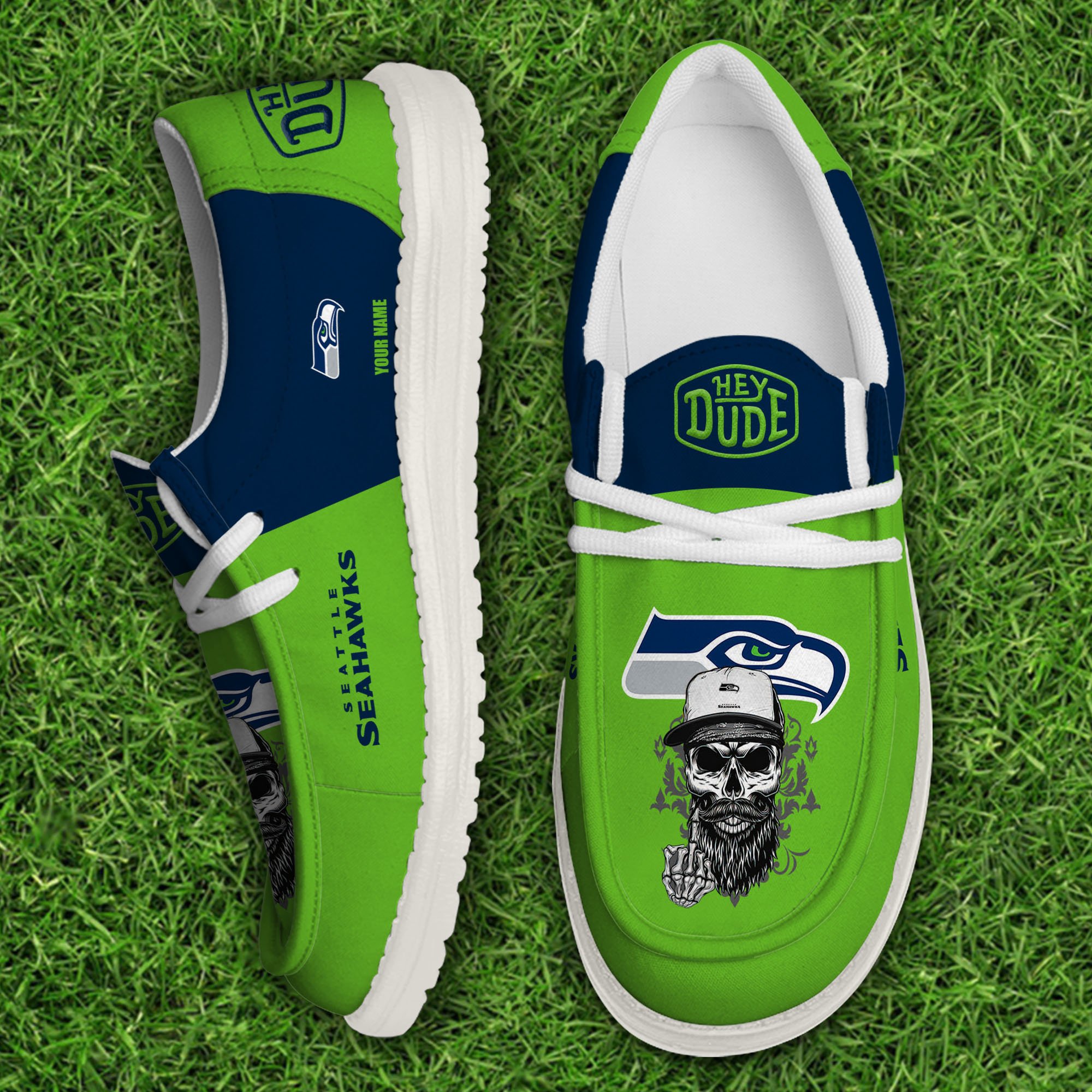 Seattle Seahawks Football Hey Dude Canvas Loafer Shoes Custom Your Name, Sport Shoes For Fan, Fan Gifts 