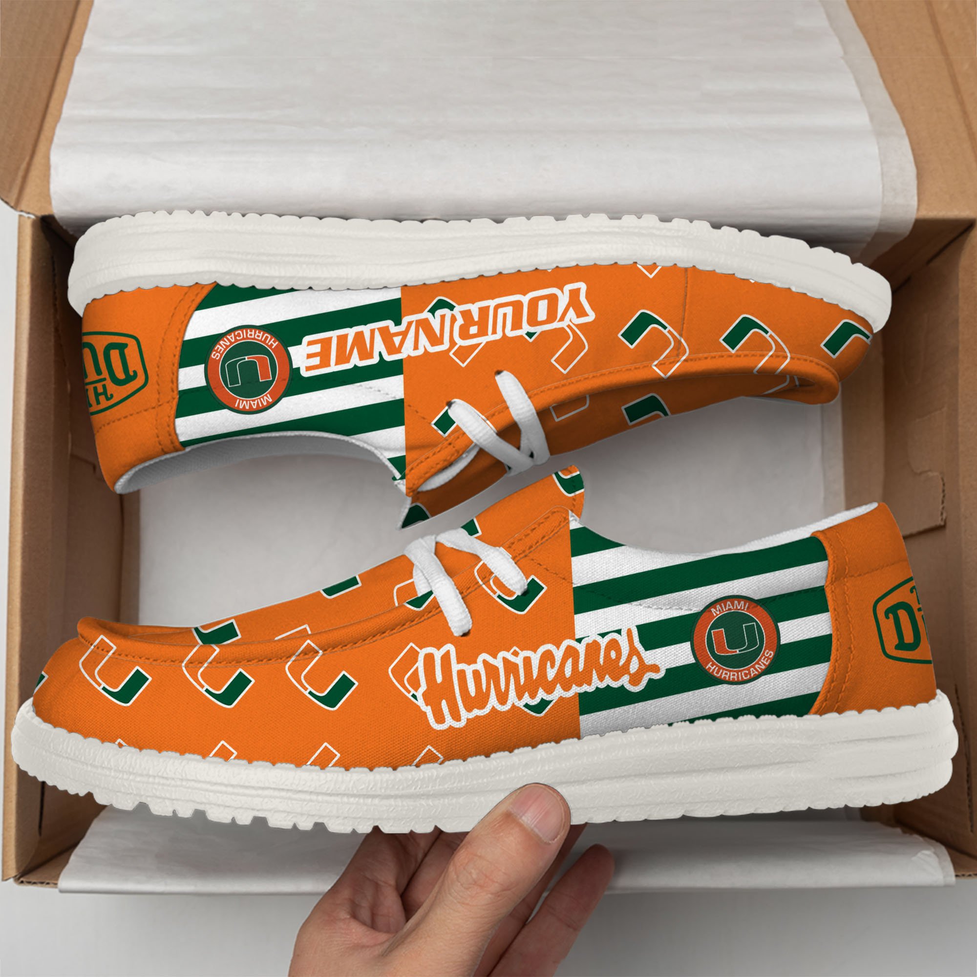 Miami Hurricanes Football Hey Dude Canvas Loafer Shoes Custom Your Name, Sport Shoes For Fan, Fan Gifts EHIVM-60825 