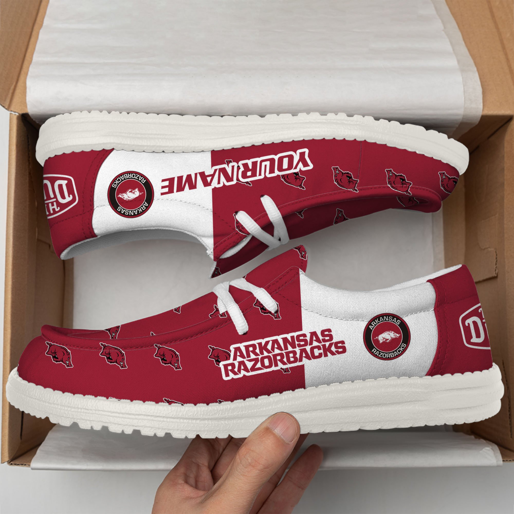 Arkansas Razorbacks Football Hey Dude Canvas Loafer Shoes Custom Your Name, Sport Shoes For Fan, Fan Gifts EHIVM-60825 