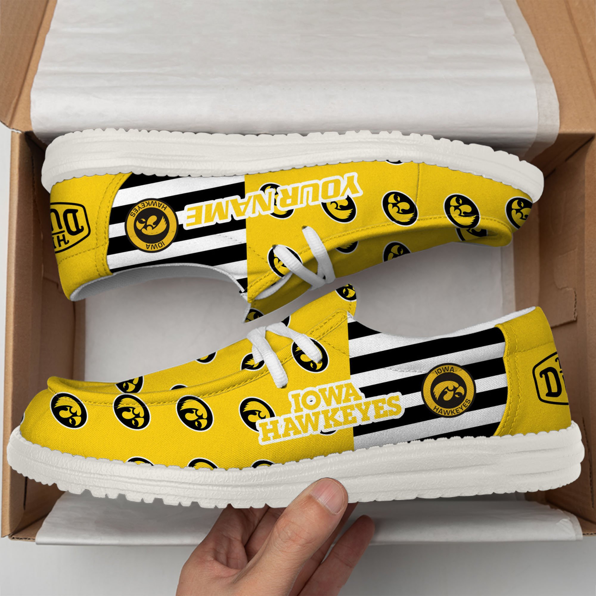 Iowa Hawkeyes Football Hey Dude Canvas Loafer Shoes Custom Your Name, Sport Shoes For Fan, Fan Gifts EHIVM-60825 