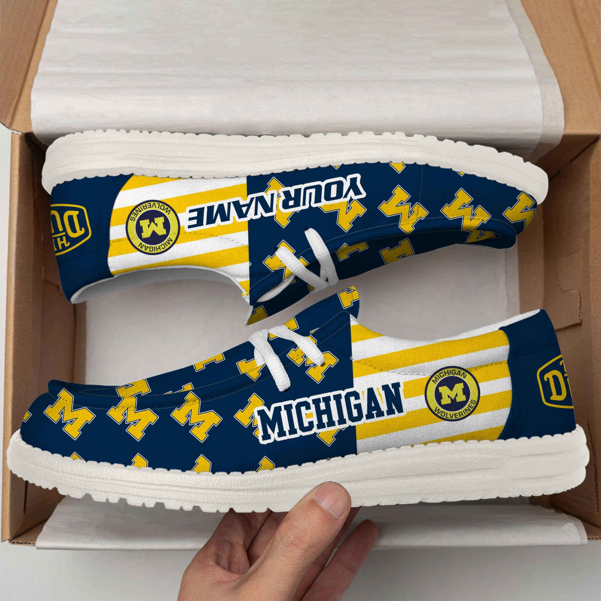 Michigan Wolverines Football Hey Dude Canvas Loafer Shoes Custom Your Name, Sport Shoes For Fan, Fan Gifts EHIVM-60825 