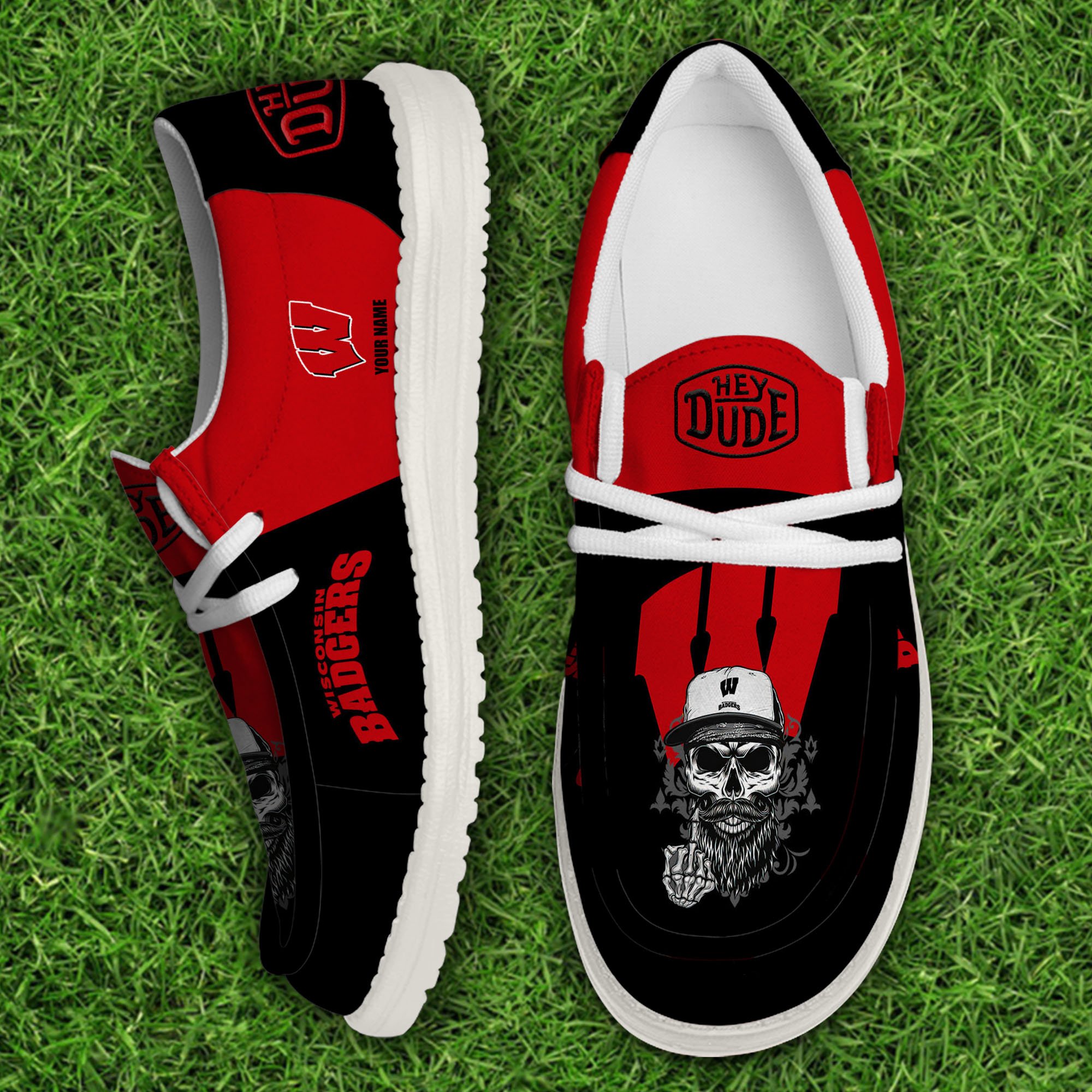 Wisconsin Badgers Football Hey Dude Canvas Loafer Shoes Custom Your Name, Sport Shoes For Fan, Fan Gifts EHIVM-60908