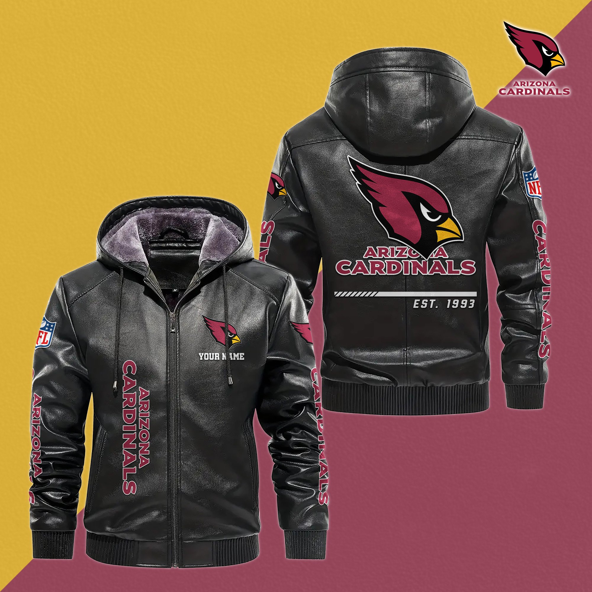 Arizona Cardinals Men's Windproof Waterproof PU Leather Hooded Jacket CustomYour Name, Sport Leather Hooded Jacket, Fan Gifts EHIVM-61006