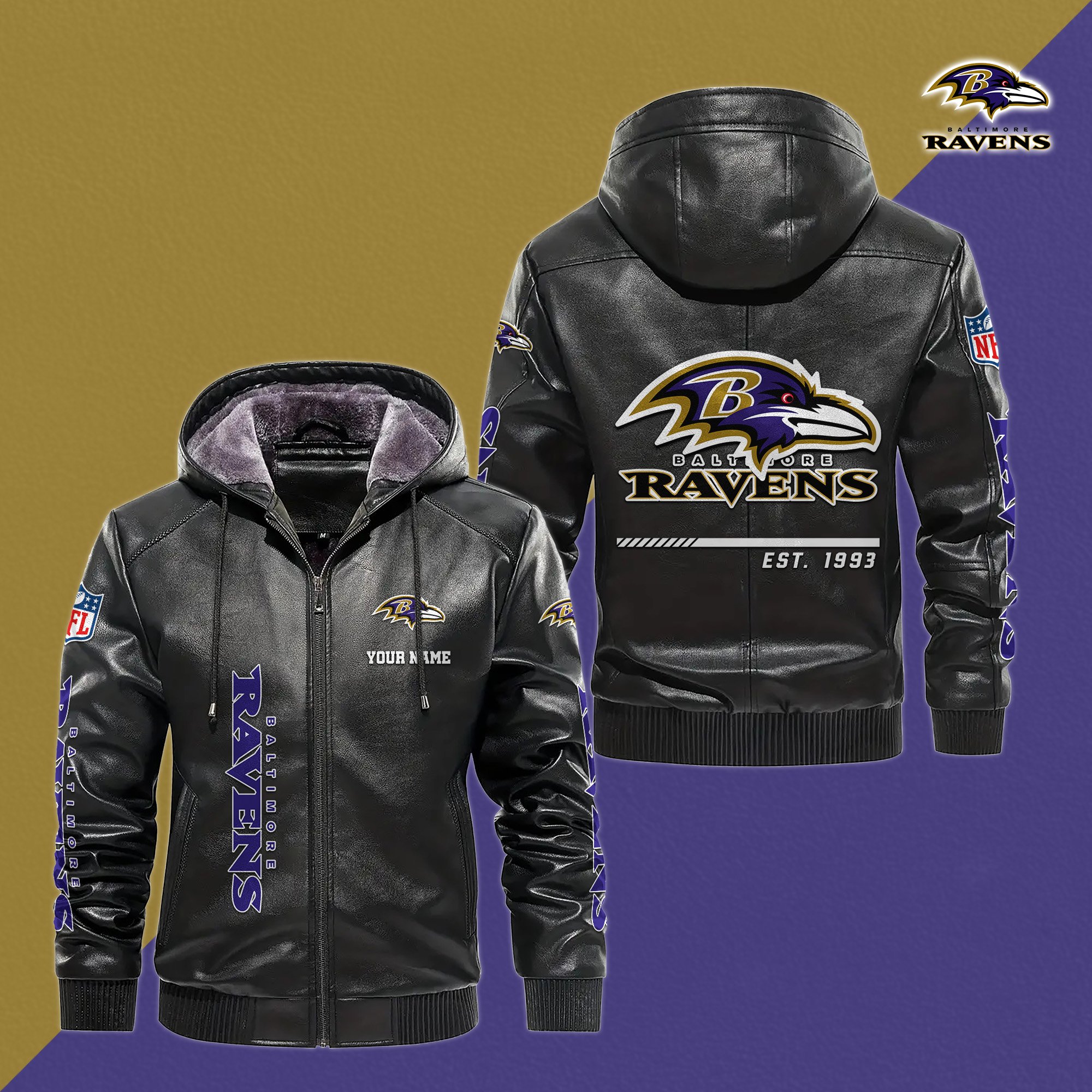 Baltimore Ravens Men's Windproof Waterproof PU Leather Hooded Jacket CustomYour Name, Sport Leather Hooded Jacket, Fan Gifts EHIVM-61006