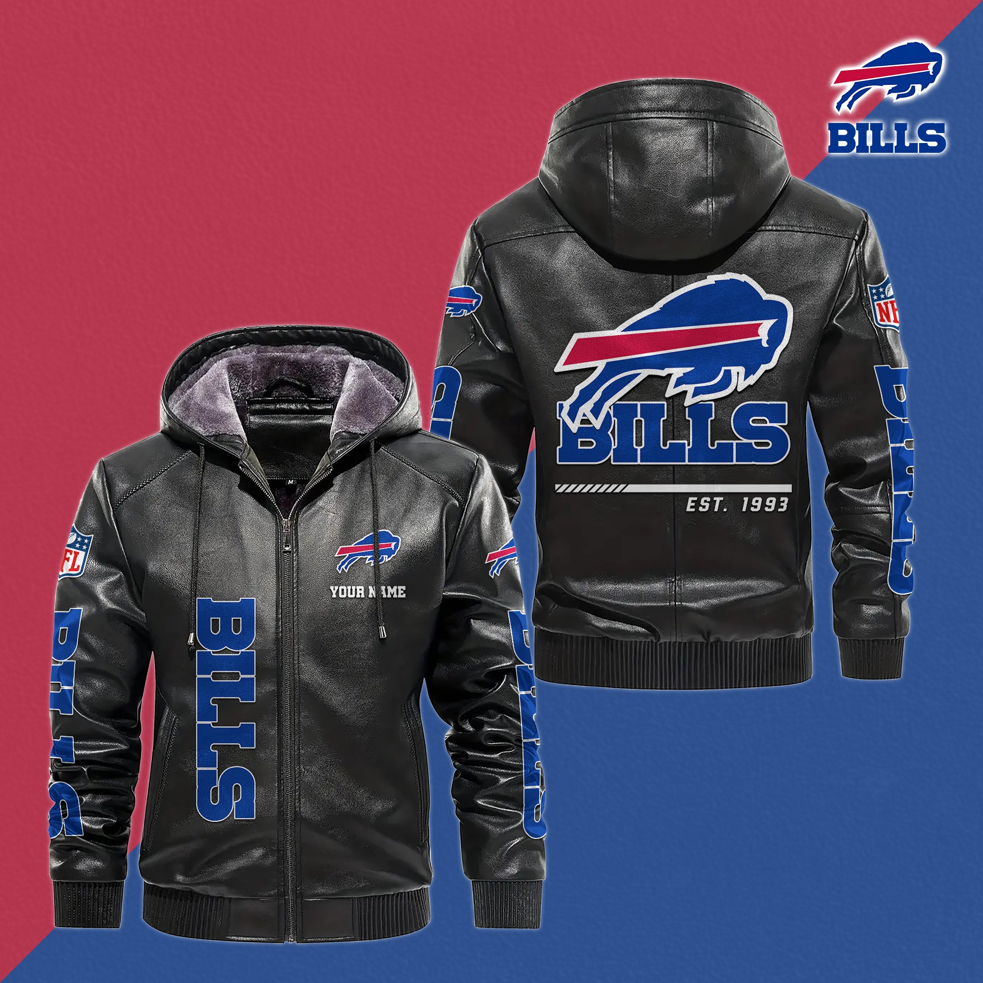 Buffalo Bills Men's Windproof Waterproof PU Leather Hooded Jacket CustomYour Name, Sport Leather Hooded Jacket, Fan Gifts EHIVM-61006