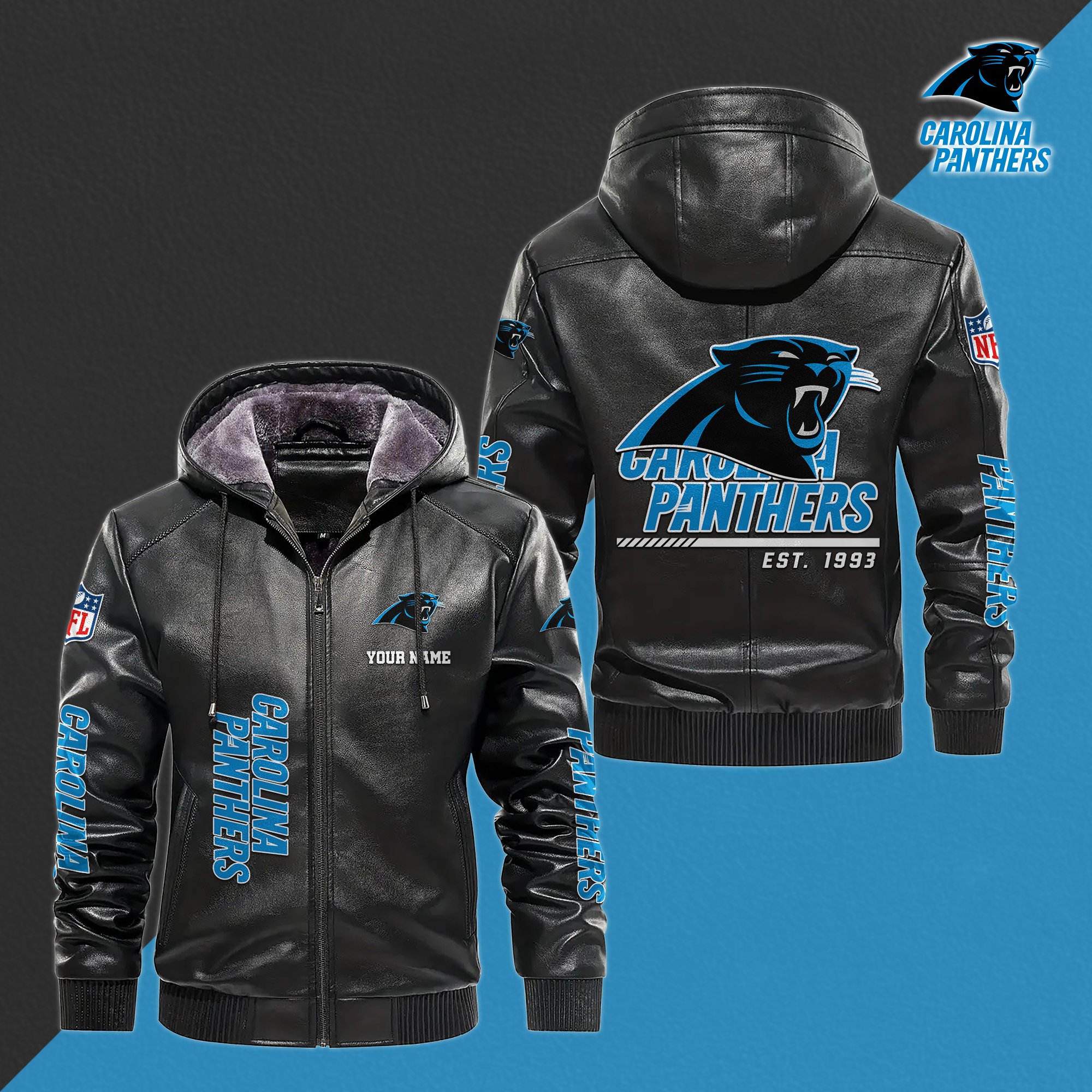 Carolina Panthers Men's Windproof Waterproof PU Leather Hooded Jacket CustomYour Name, Sport Leather Hooded Jacket, Fan Gifts EHIVM-61006