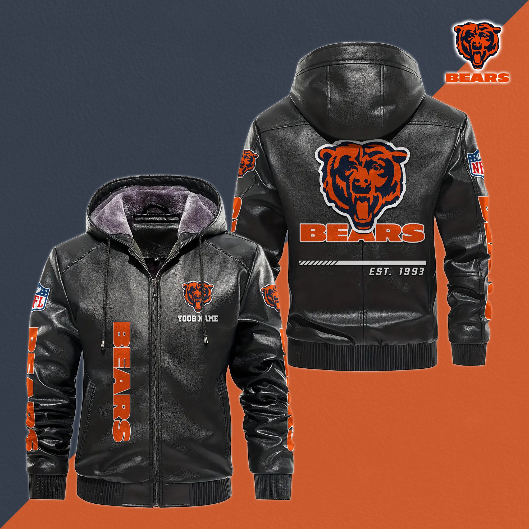 Chicago Bears Men's Windproof Waterproof PU Leather Hooded Jacket CustomYour Name, Sport Leather Hooded Jacket, Fan Gifts EHIVM-61006