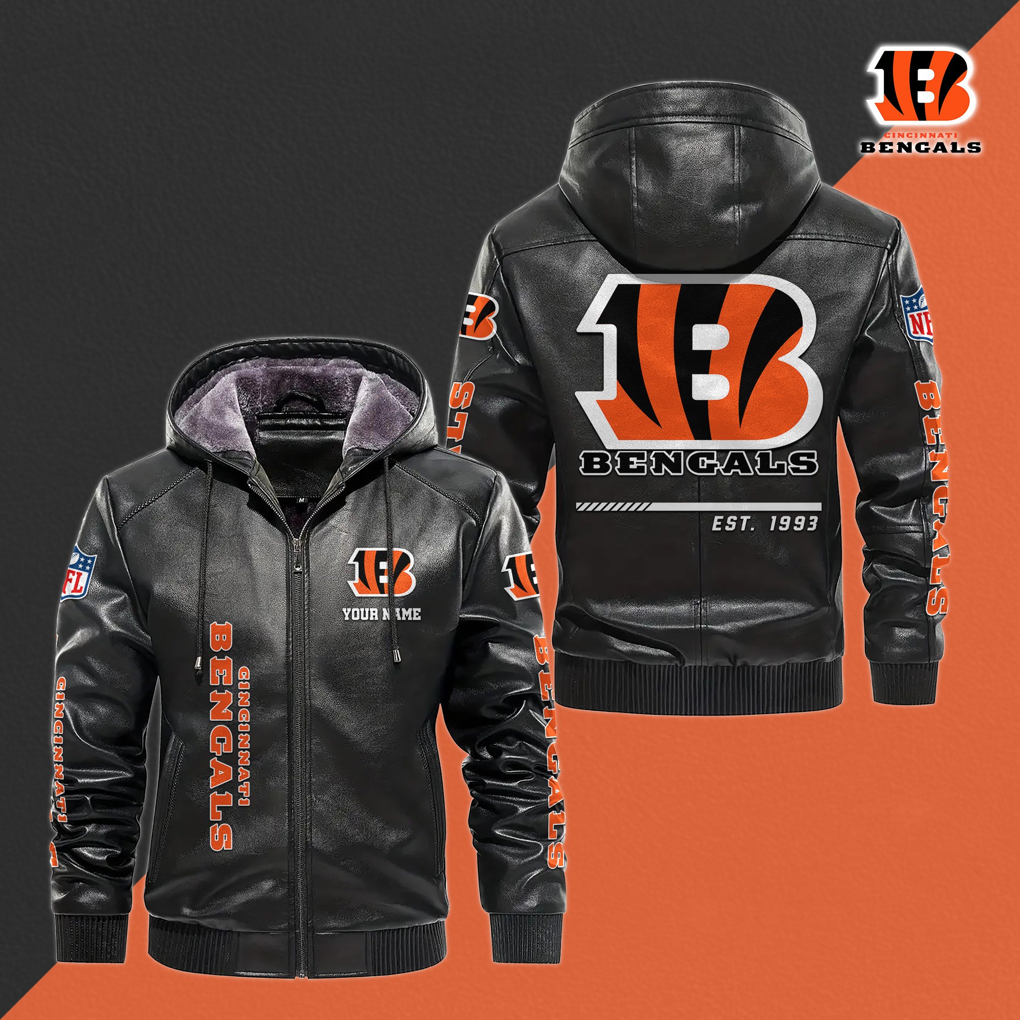 Cincinnati Bengals Men's Windproof Waterproof PU Leather Hooded Jacket CustomYour Name, Sport Leather Hooded Jacket, Fan Gifts EHIVM-61006