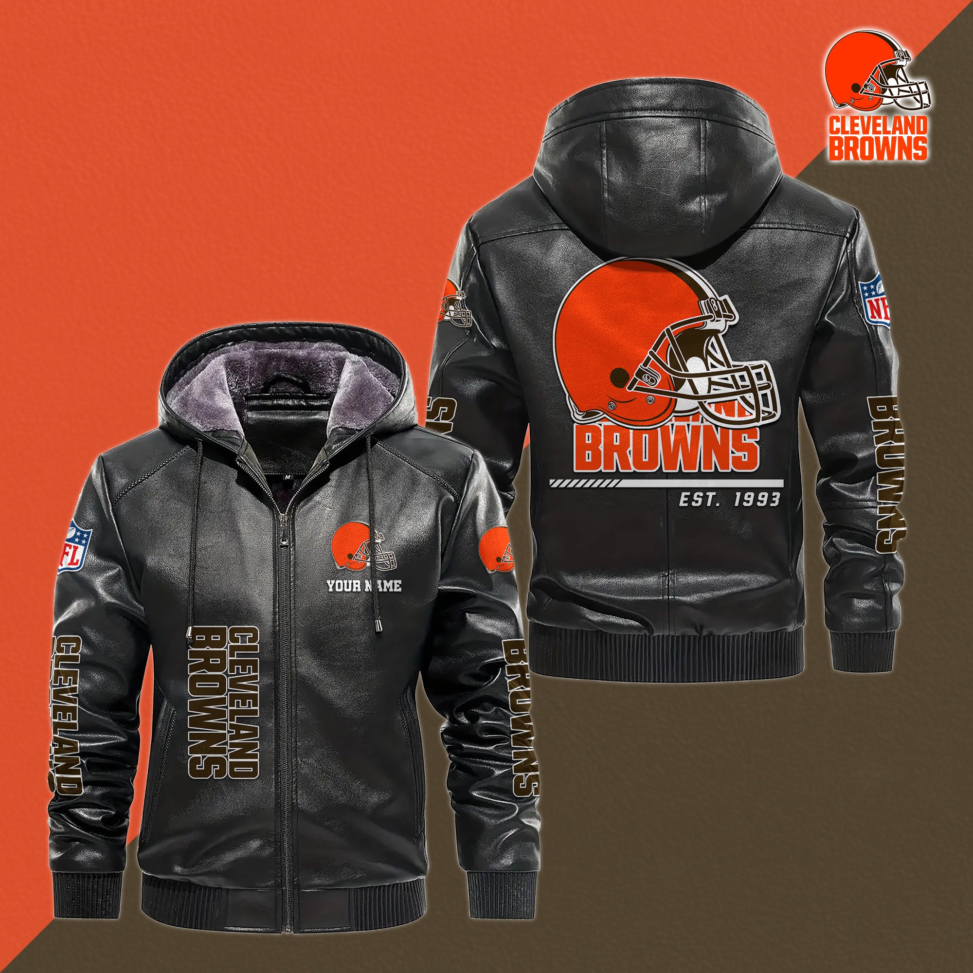 Cleveland Browns Men's Windproof Waterproof PU Leather Hooded Jacket CustomYour Name, Sport Leather Hooded Jacket, Fan Gifts EHIVM-61006