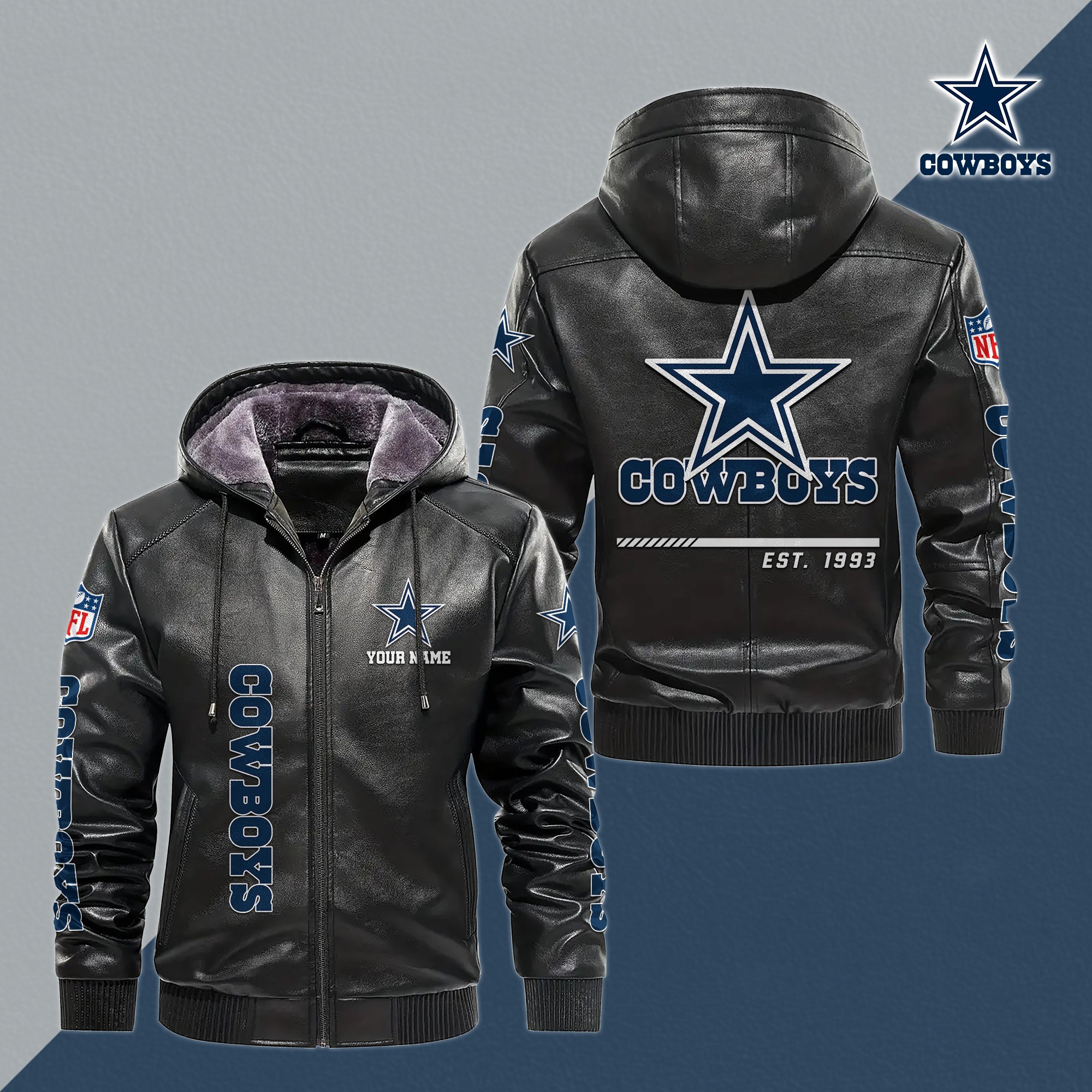 Dallas Cowboys Men's Windproof Waterproof PU Leather Hooded Jacket CustomYour Name, Sport Leather Hooded Jacket, Fan Gifts EHIVM-61006