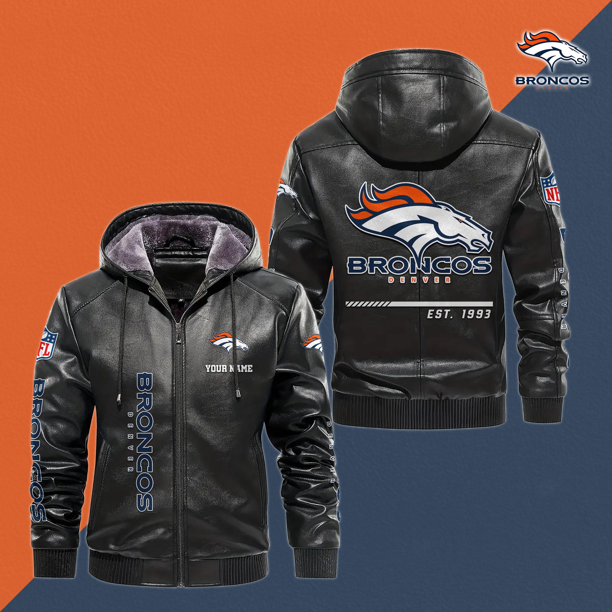 Denver Broncos Men's Windproof Waterproof PU Leather Hooded Jacket CustomYour Name, Sport Leather Hooded Jacket, Fan Gifts EHIVM-61006