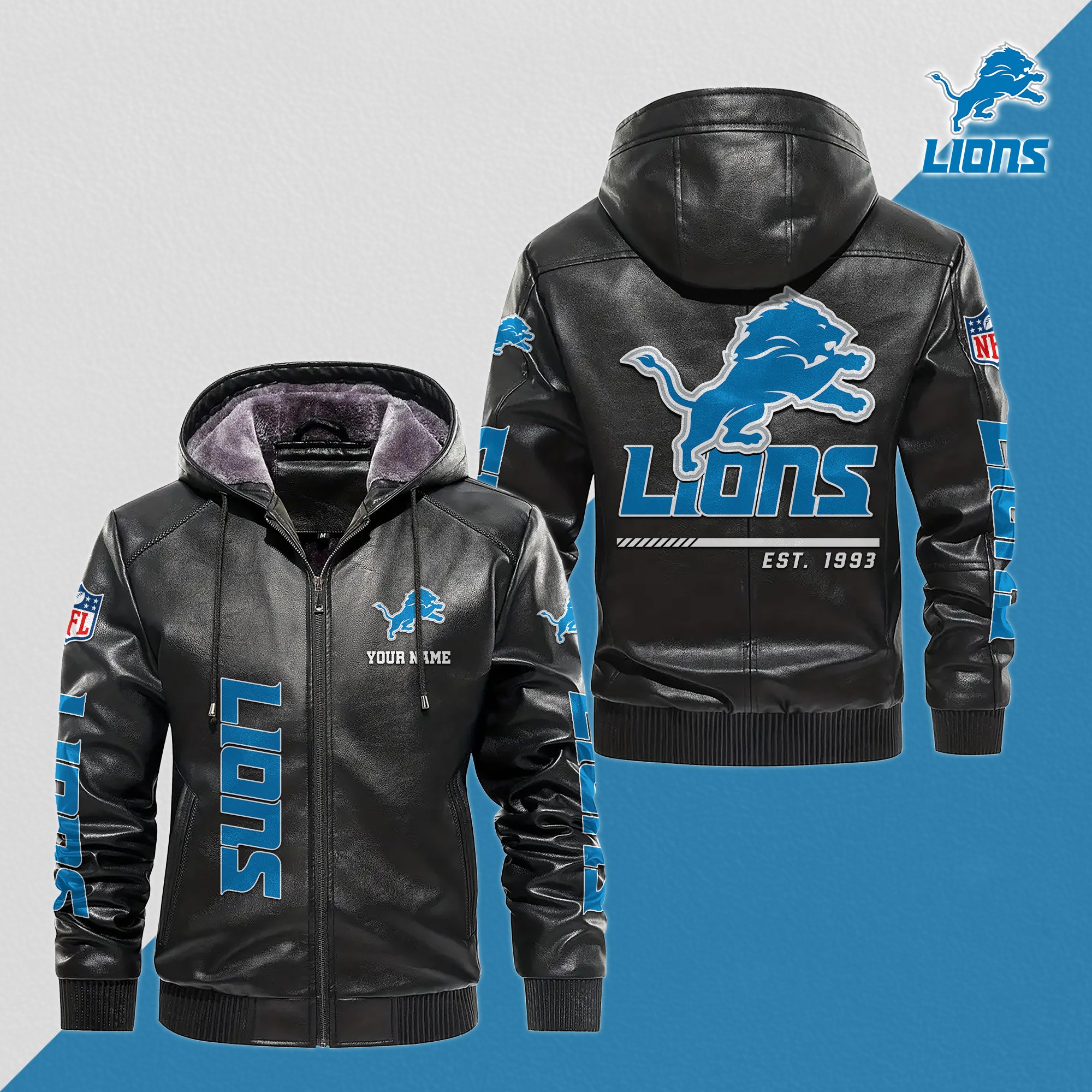 Detroit Lions Men's Windproof Waterproof PU Leather Hooded Jacket CustomYour Name, Sport Leather Hooded Jacket, Fan Gifts EHIVM-61006