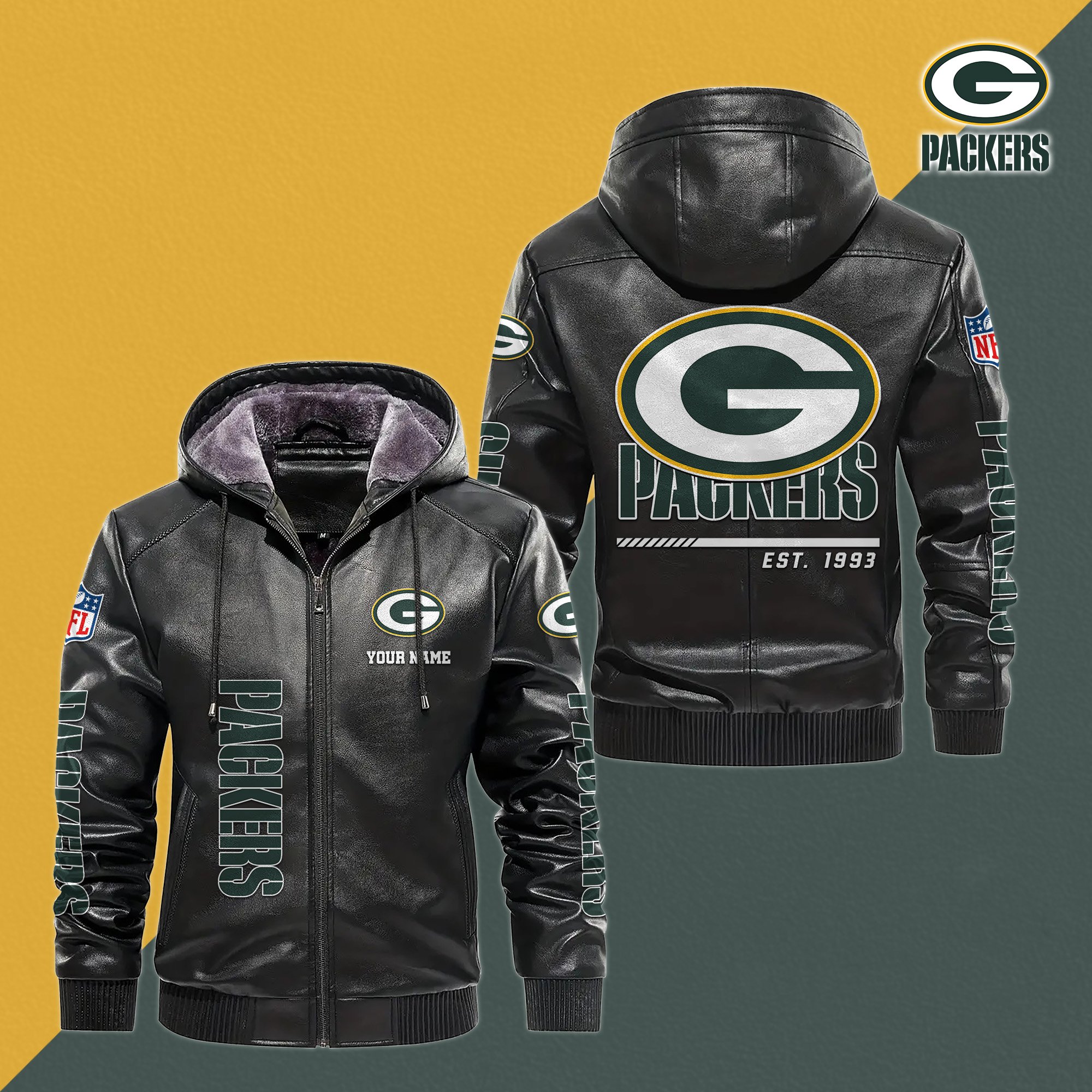 Green Bay Packers Men's Windproof Waterproof PU Leather Hooded Jacket CustomYour Name, Sport Leather Hooded Jacket, Fan Gifts EHIVM-61006