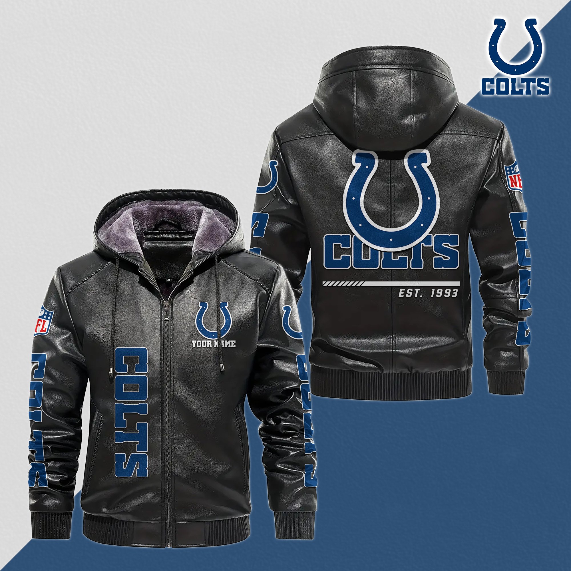 Indianapolis Colts Men's Windproof Waterproof PU Leather Hooded Jacket CustomYour Name, Sport Leather Hooded Jacket, Fan Gifts EHIVM-61006