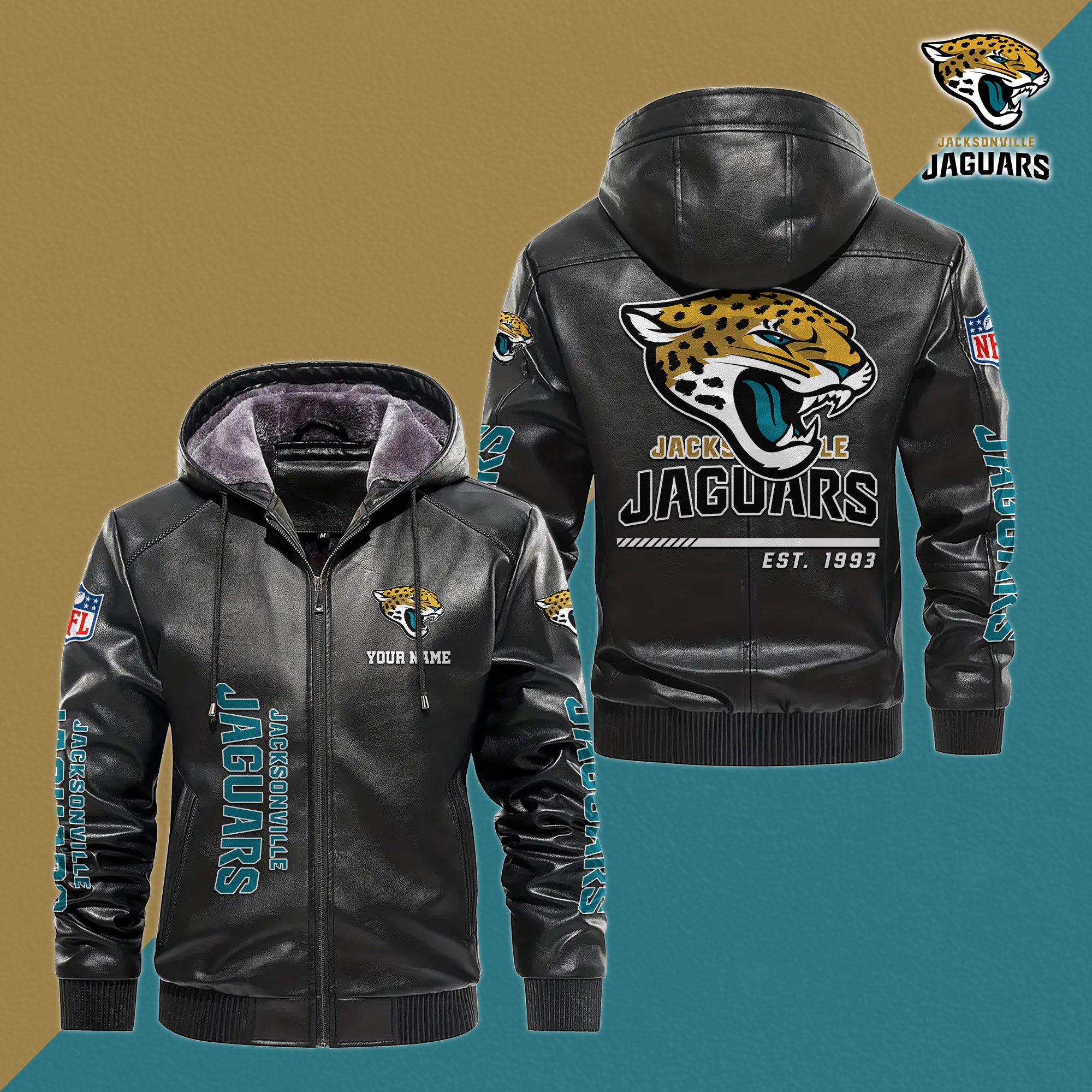 Jacksonville Jaguars Men's Windproof Waterproof PU Leather Hooded Jacket CustomYour Name, Sport Leather Hooded Jacket, Fan Gifts EHIVM-61006