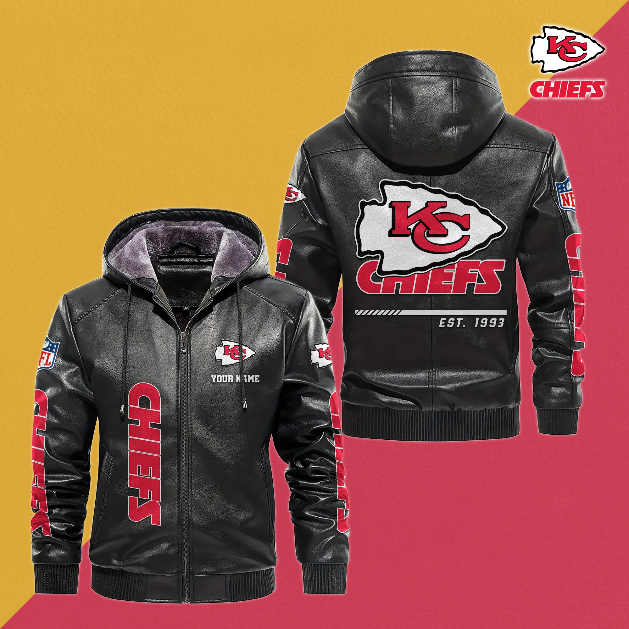 Kansas City Chiefs Men's Windproof Waterproof PU Leather Hooded Jacket CustomYour Name, Sport Leather Hooded Jacket, Fan Gifts EHIVM-61006