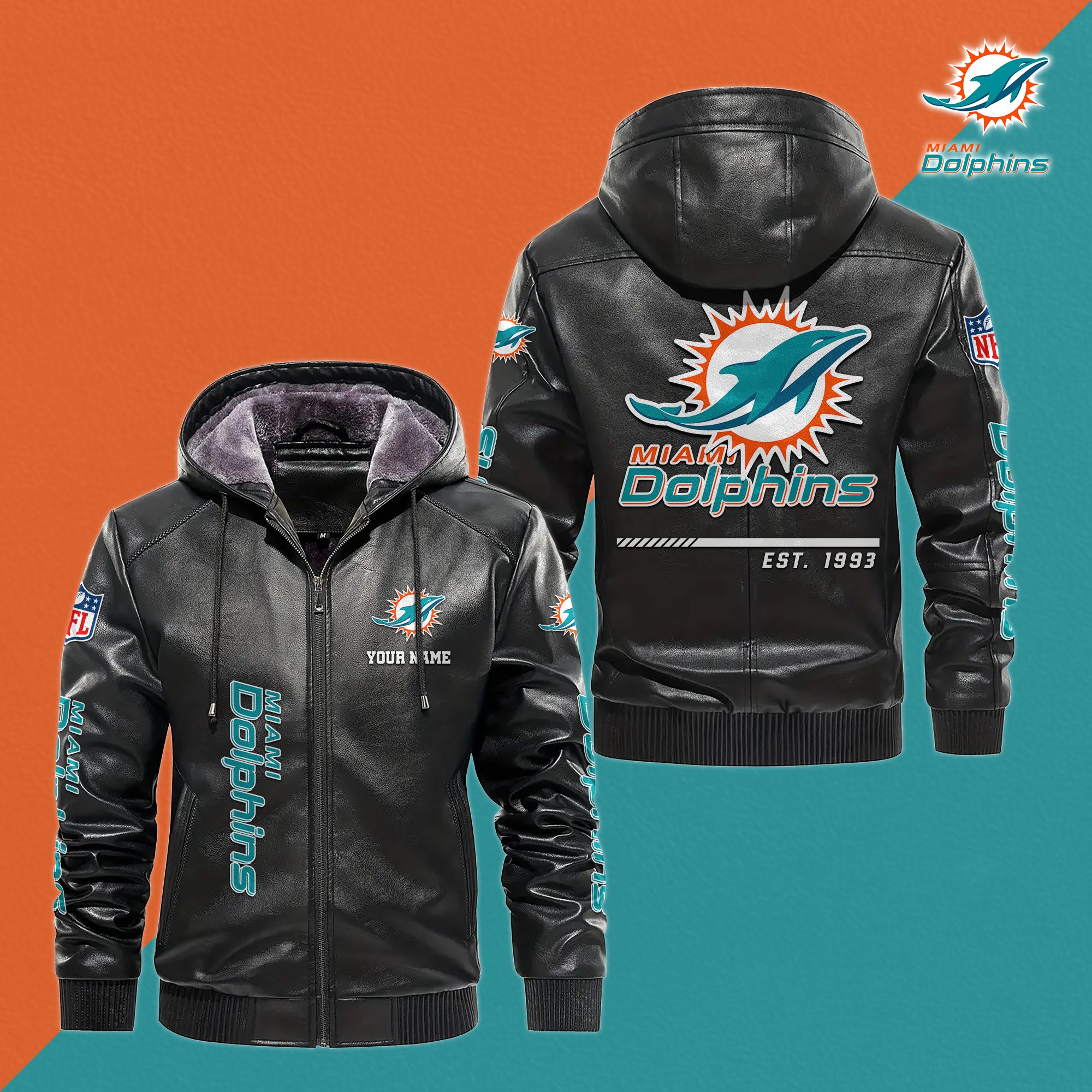 Miami Dolphins Men's Windproof Waterproof PU Leather Hooded Jacket CustomYour Name, Sport Leather Hooded Jacket, Fan Gifts EHIVM-61006