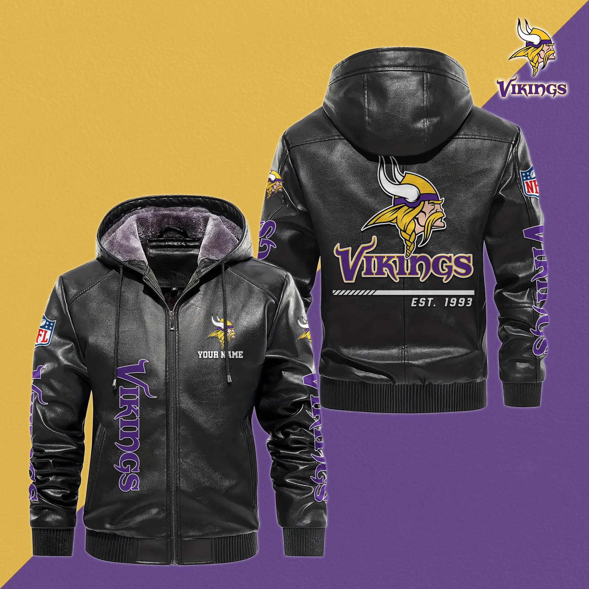 Minnesota Vikings Men's Windproof Waterproof PU Leather Hooded Jacket CustomYour Name, Sport Leather Hooded Jacket, Fan Gifts EHIVM-61006