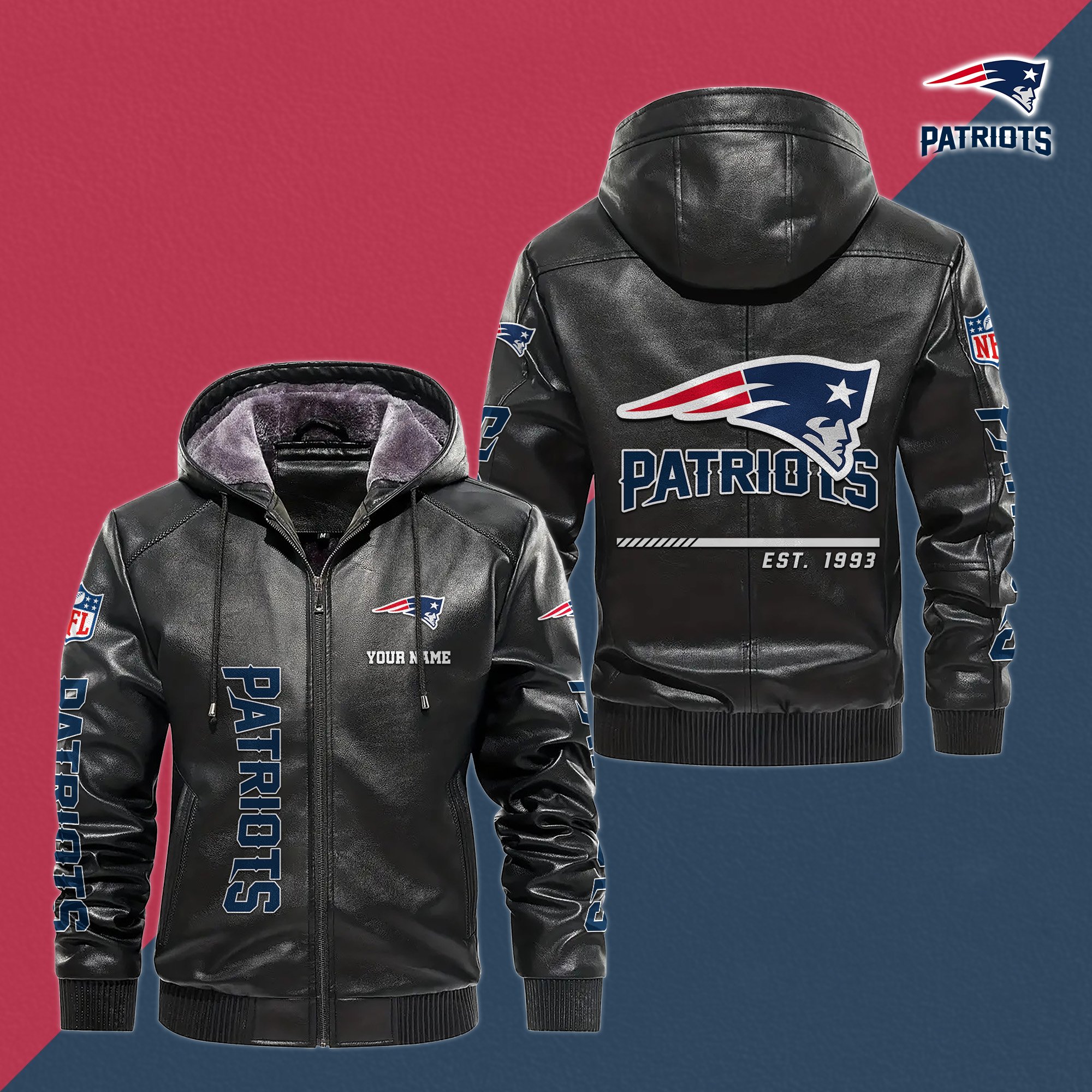 New England Patriots Men's Windproof Waterproof PU Leather Hooded Jacket CustomYour Name, Sport Leather Hooded Jacket, Fan Gifts EHIVM-61006