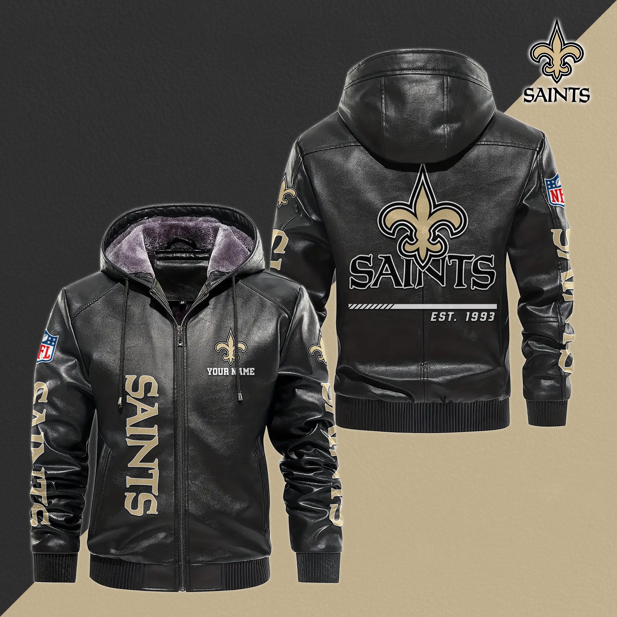 New Orleans Saints Men's Windproof Waterproof PU Leather Hooded Jacket CustomYour Name, Sport Leather Hooded Jacket, Fan Gifts EHIVM-61006