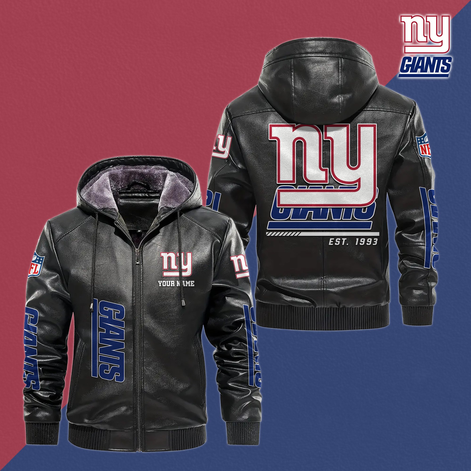 New York Giants Men's Windproof Waterproof PU Leather Hooded Jacket CustomYour Name, Sport Leather Hooded Jacket, Fan Gifts EHIVM-61006