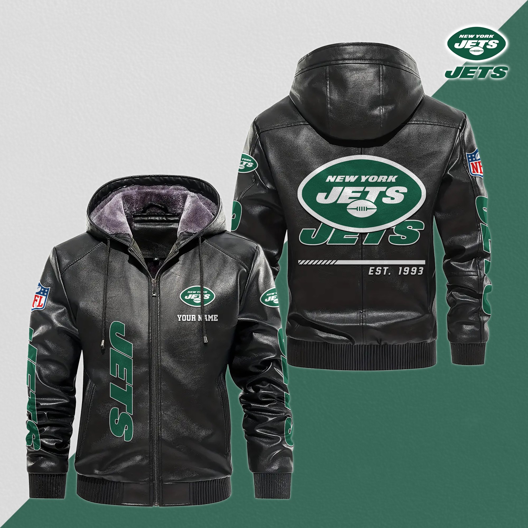 New York Jets Men's Windproof Waterproof PU Leather Hooded Jacket CustomYour Name, Sport Leather Hooded Jacket, Fan Gifts EHIVM-61006