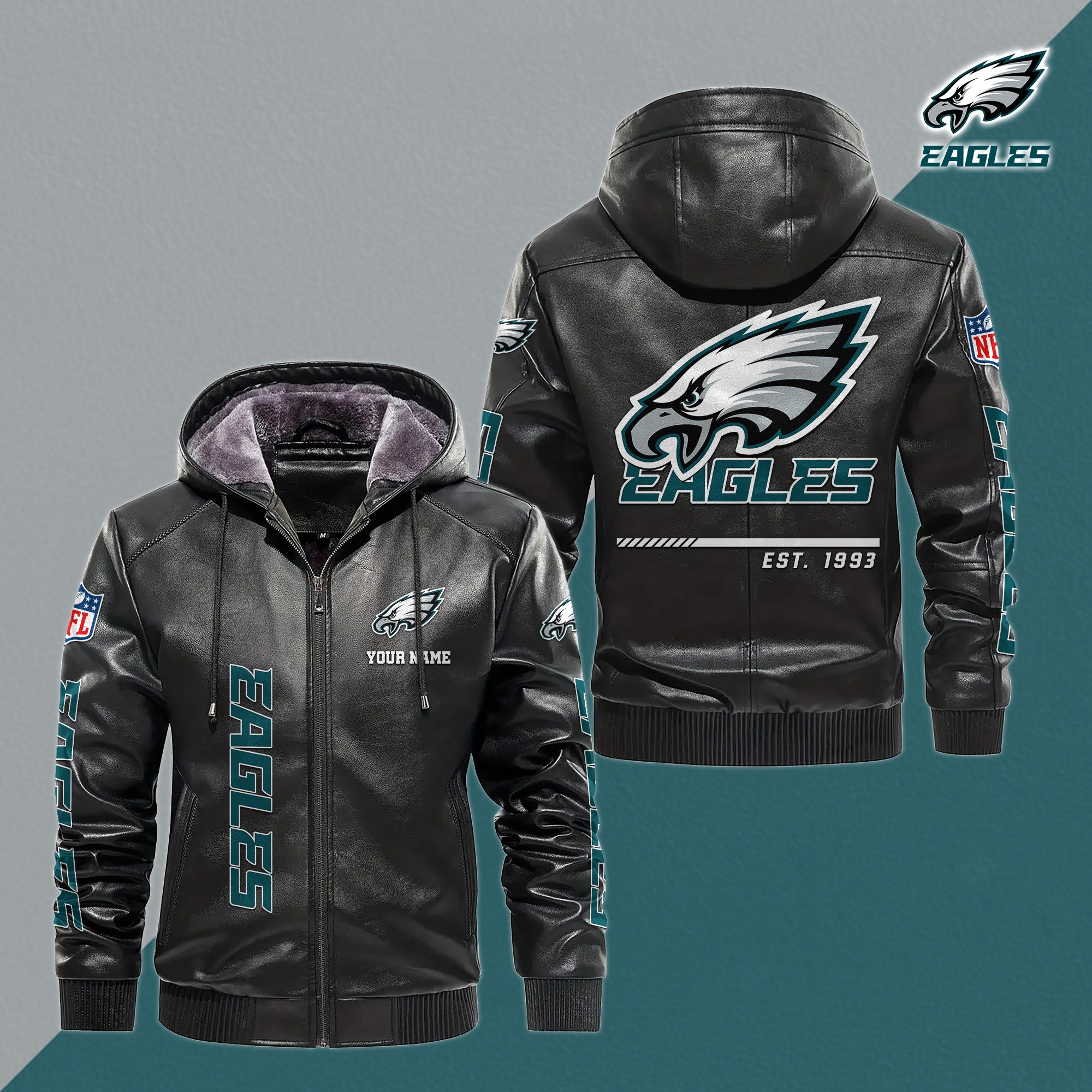 Philadelphia Eagles Men's Windproof Waterproof PU Leather Hooded Jacket CustomYour Name, Sport Leather Hooded Jacket, Fan Gifts EHIVM-61006