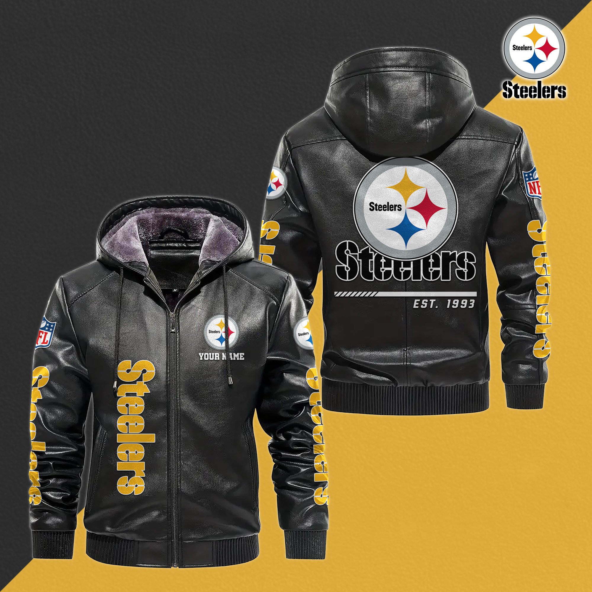 Pittsburgh Steelers Men's Windproof Waterproof PU Leather Hooded Jacket CustomYour Name, Sport Leather Hooded Jacket, Fan Gifts EHIVM-61006