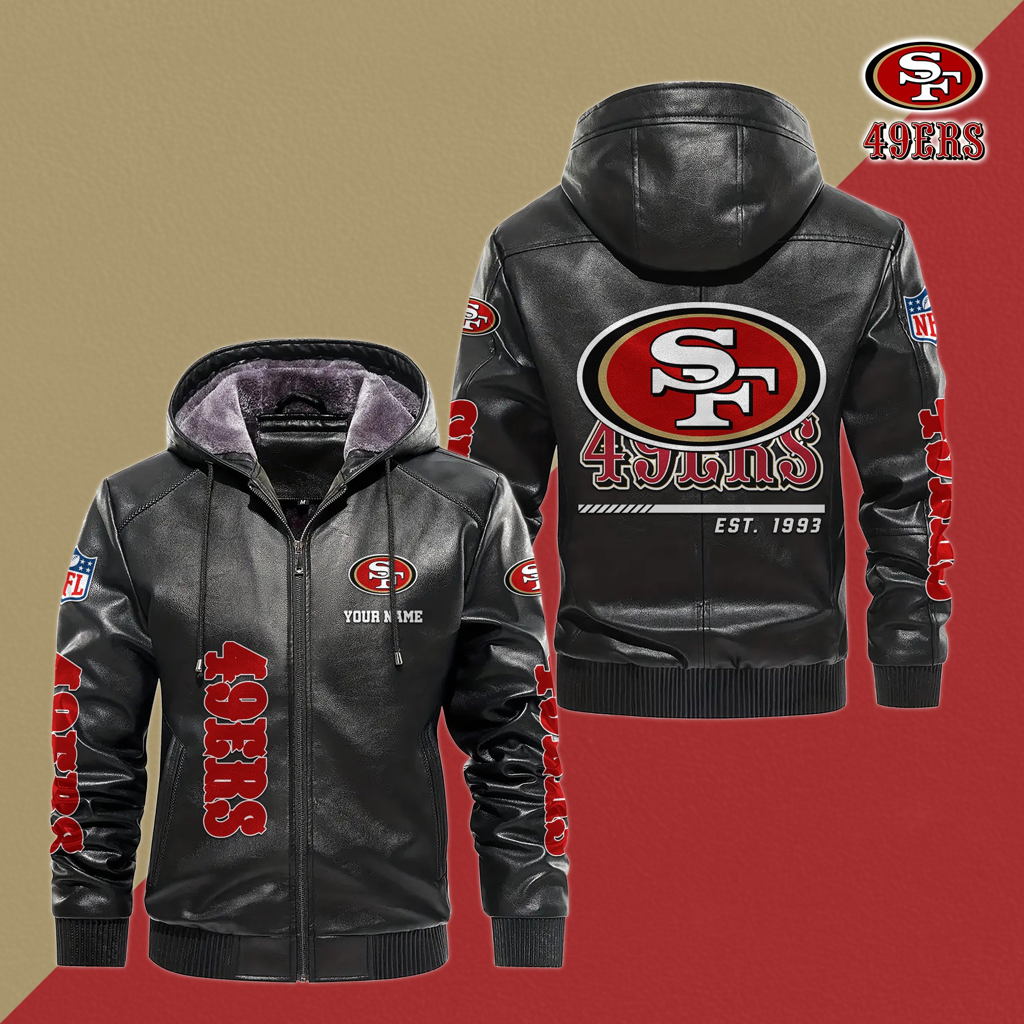 San Francisco 49ers Men's Windproof Waterproof PU Leather Hooded Jacket CustomYour Name, Sport Leather Hooded Jacket, Fan Gifts EHIVM-61006