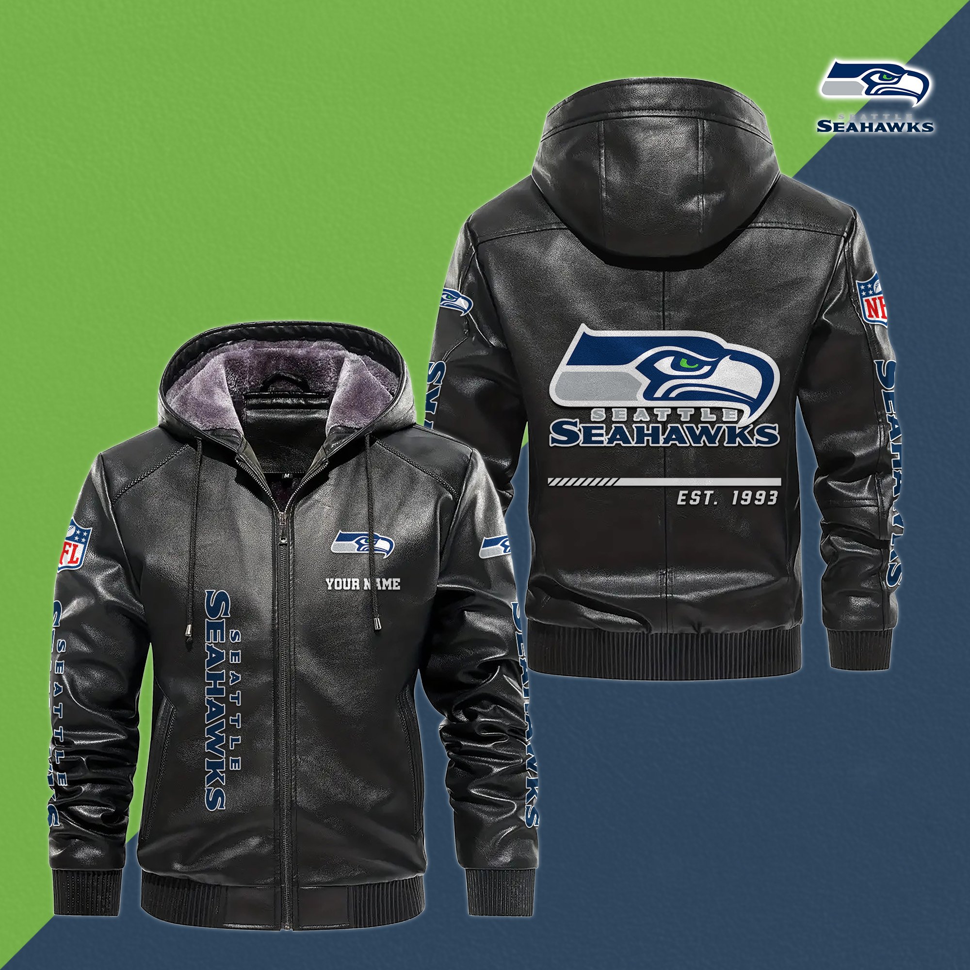 Seattle Seahawks Men's Windproof Waterproof PU Leather Hooded Jacket CustomYour Name, Sport Leather Hooded Jacket, Fan Gifts EHIVM-61006