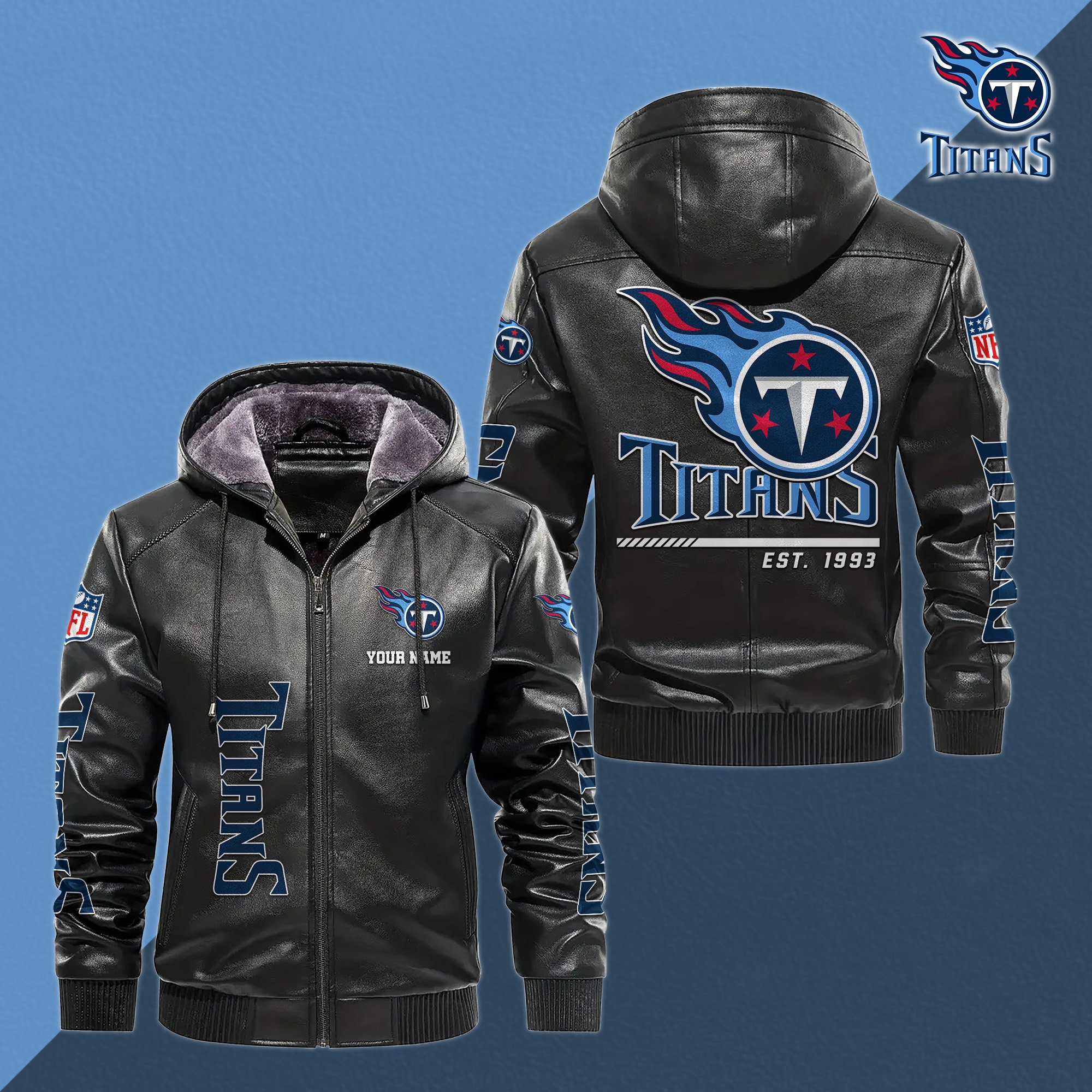 Tennessee Titans Men's Windproof Waterproof PU Leather Hooded Jacket CustomYour Name, Sport Leather Hooded Jacket, Fan Gifts EHIVM-61006