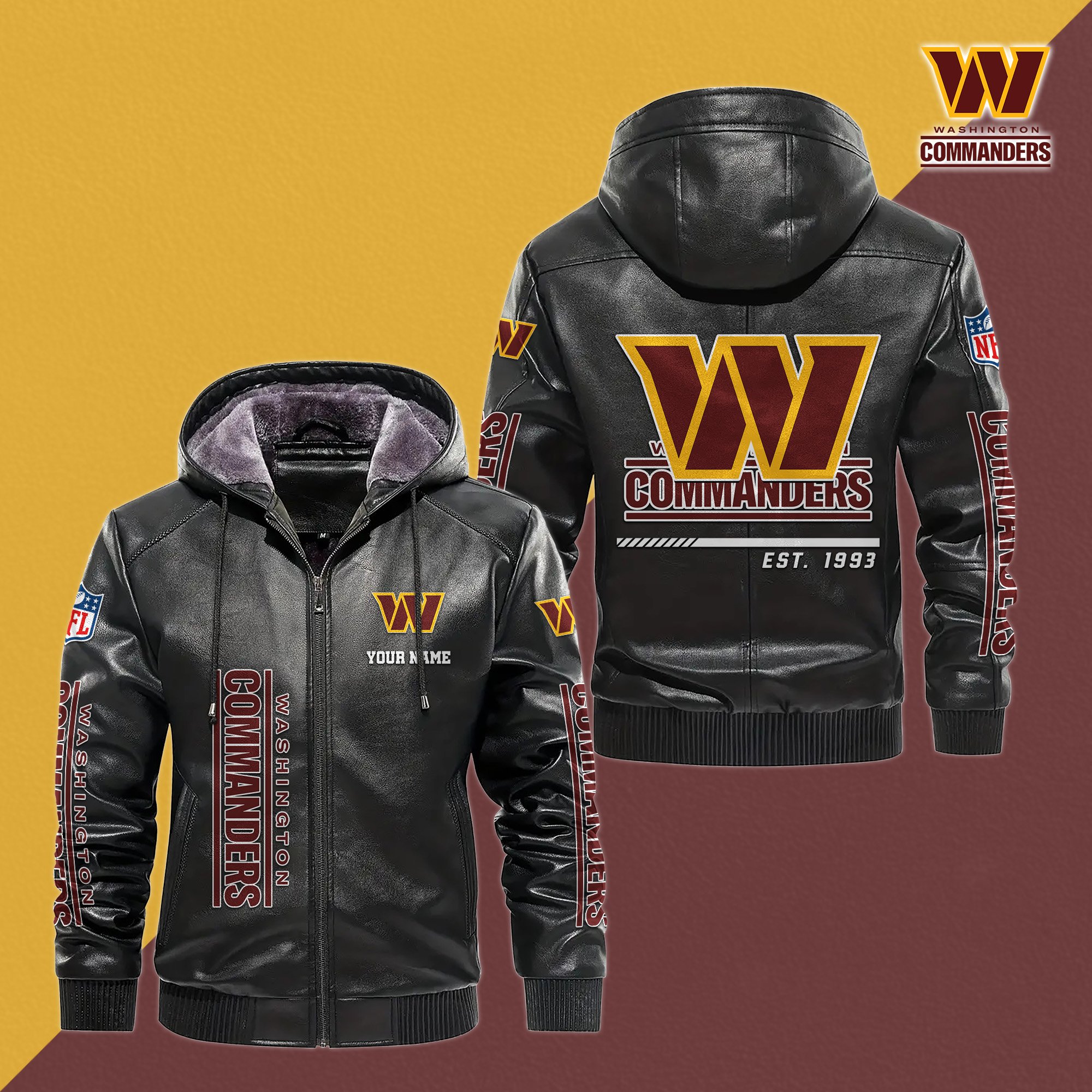 Washington Commanders Men's Windproof Waterproof PU Leather Hooded Jacket CustomYour Name, Sport Leather Hooded Jacket, Fan Gifts EHIVM-61006