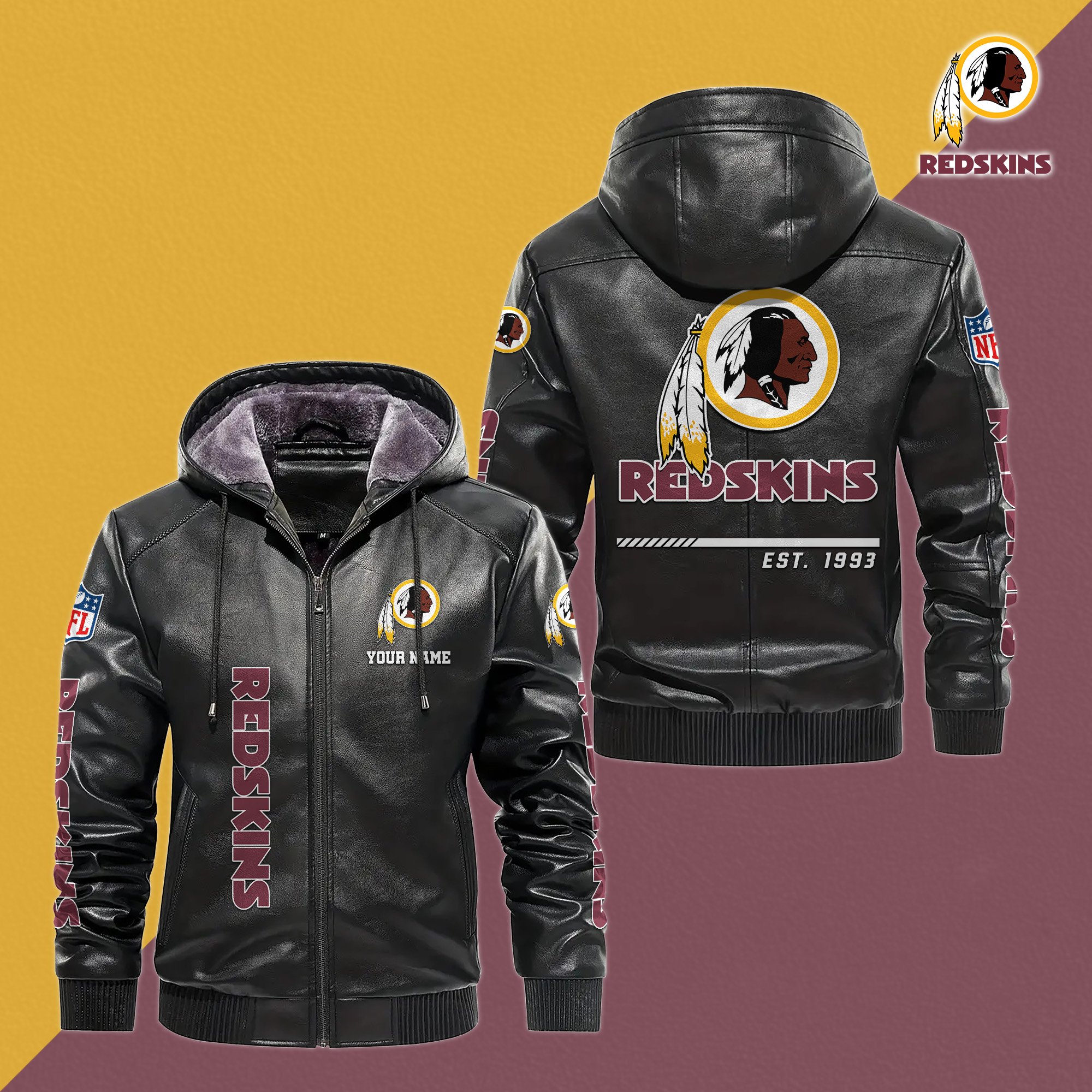 Washington Redskins Men's Windproof Waterproof PU Leather Hooded Jacket CustomYour Name, Sport Leather Hooded Jacket, Fan Gifts EHIVM-61006