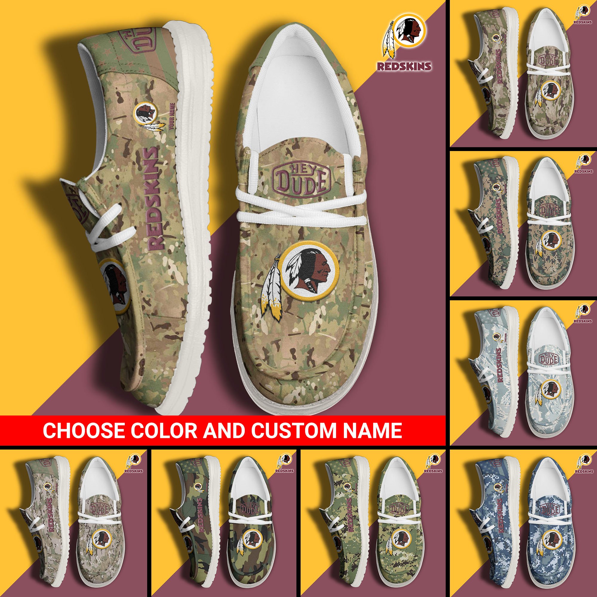 Washington Redskins Football Hey Dude Canvas Loafer Shoes Custom Your Name And Choose Your Camo, Sport Shoes For Fan, Fan Gifts EHIVM-61145