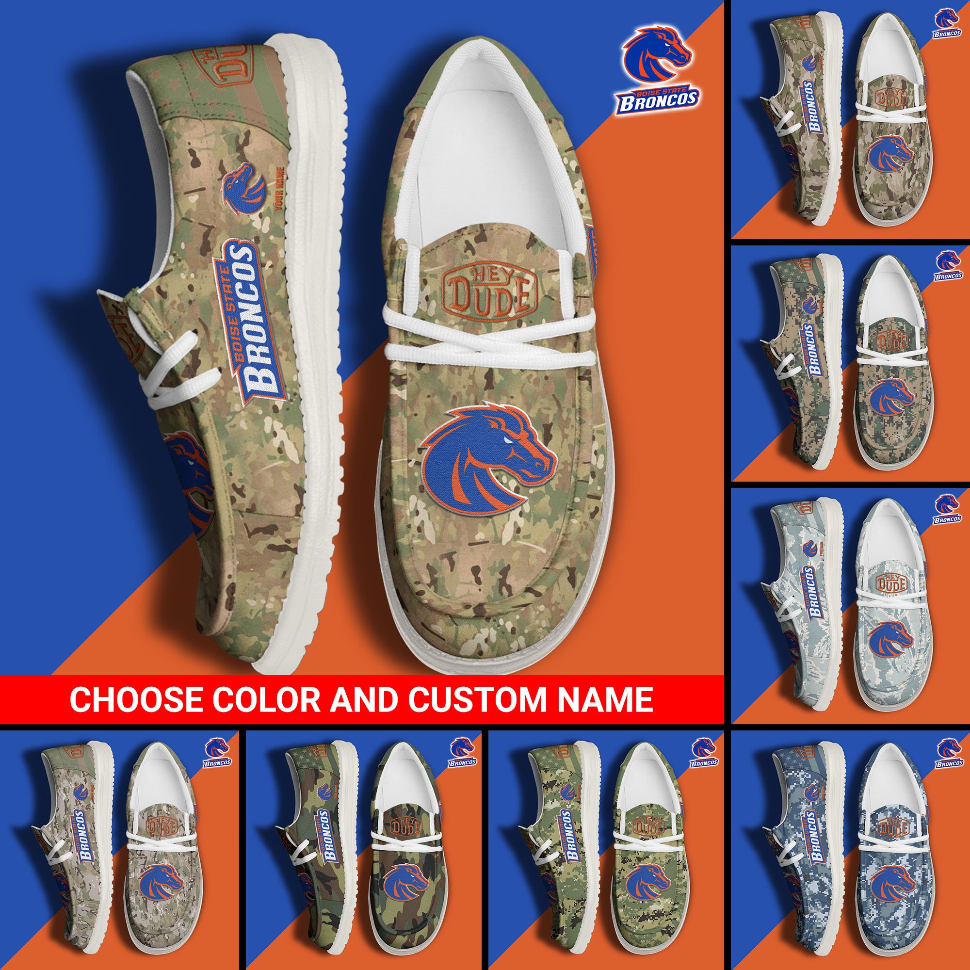 Boise State Broncos Football Hey Dude Canvas Loafer Shoes Custom Your Name And Choose Your Camo, Sport Shoes For Fan, Fan Gifts  EHIVM-61210