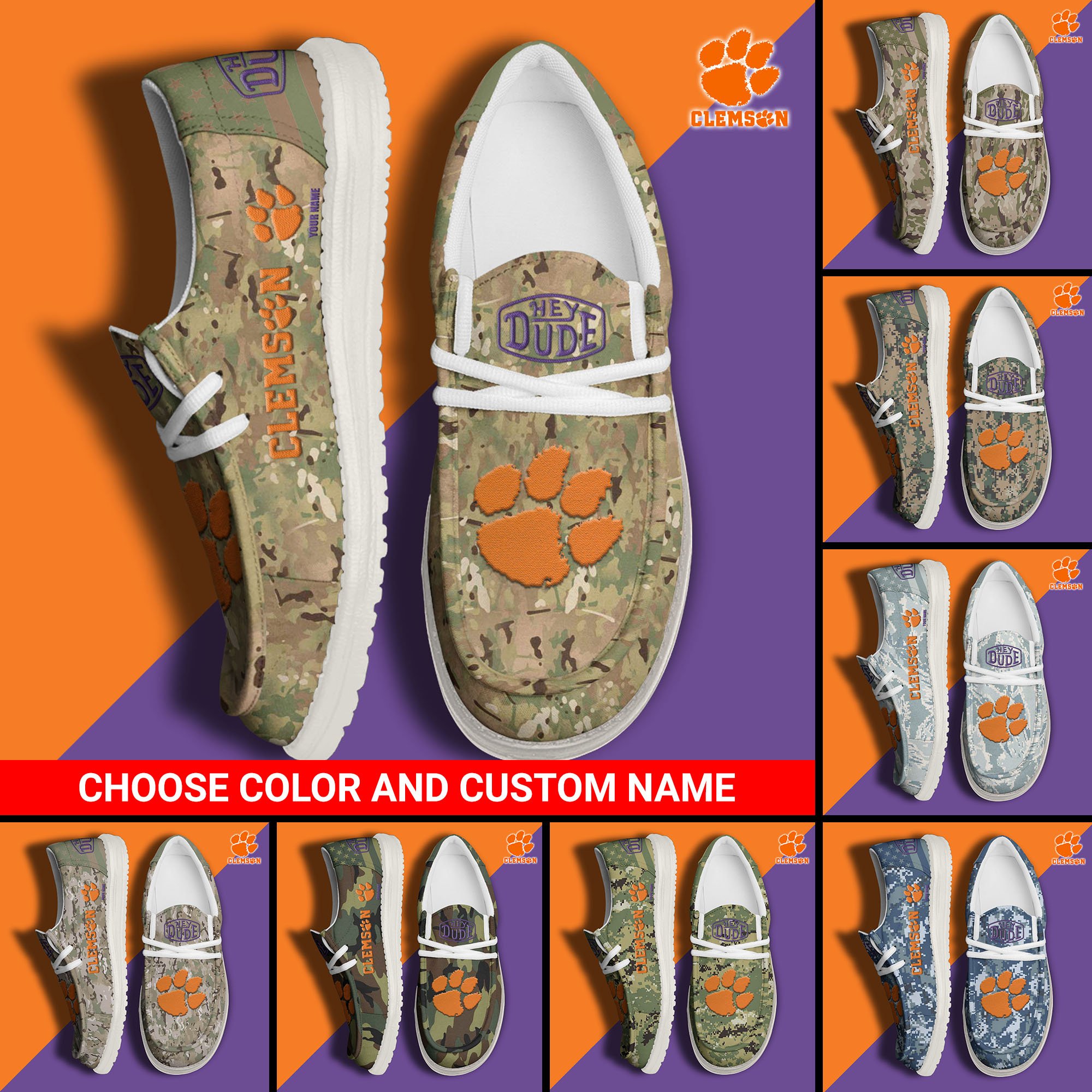 Clemson Tigers Football Hey Dude Canvas Loafer Shoes Custom Your Name And Choose Your Camo, Sport Shoes For Fan, Fan Gifts  EHIVM-61210