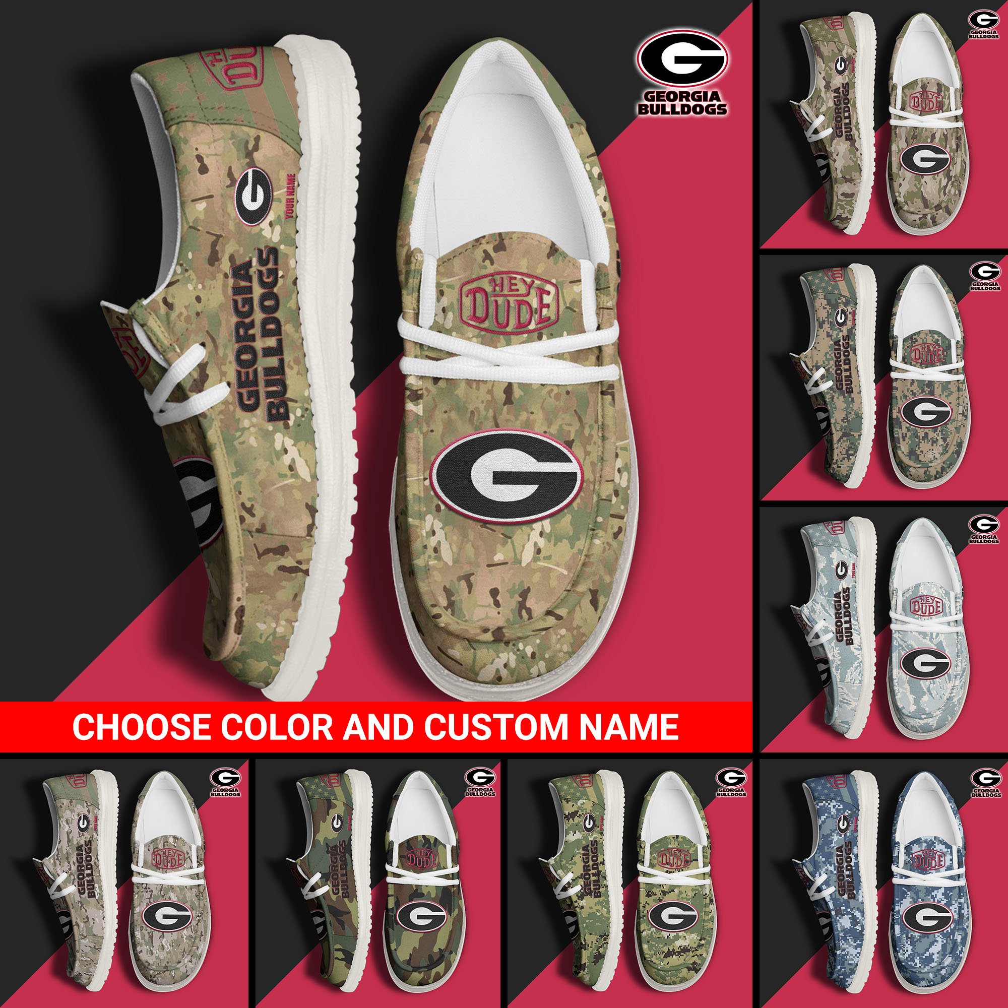 Georgia Bulldogs Football Hey Dude Canvas Loafer Shoes Custom Your Name And Choose Your Camo, Sport Shoes For Fan, Fan Gifts  EHIVM-61210