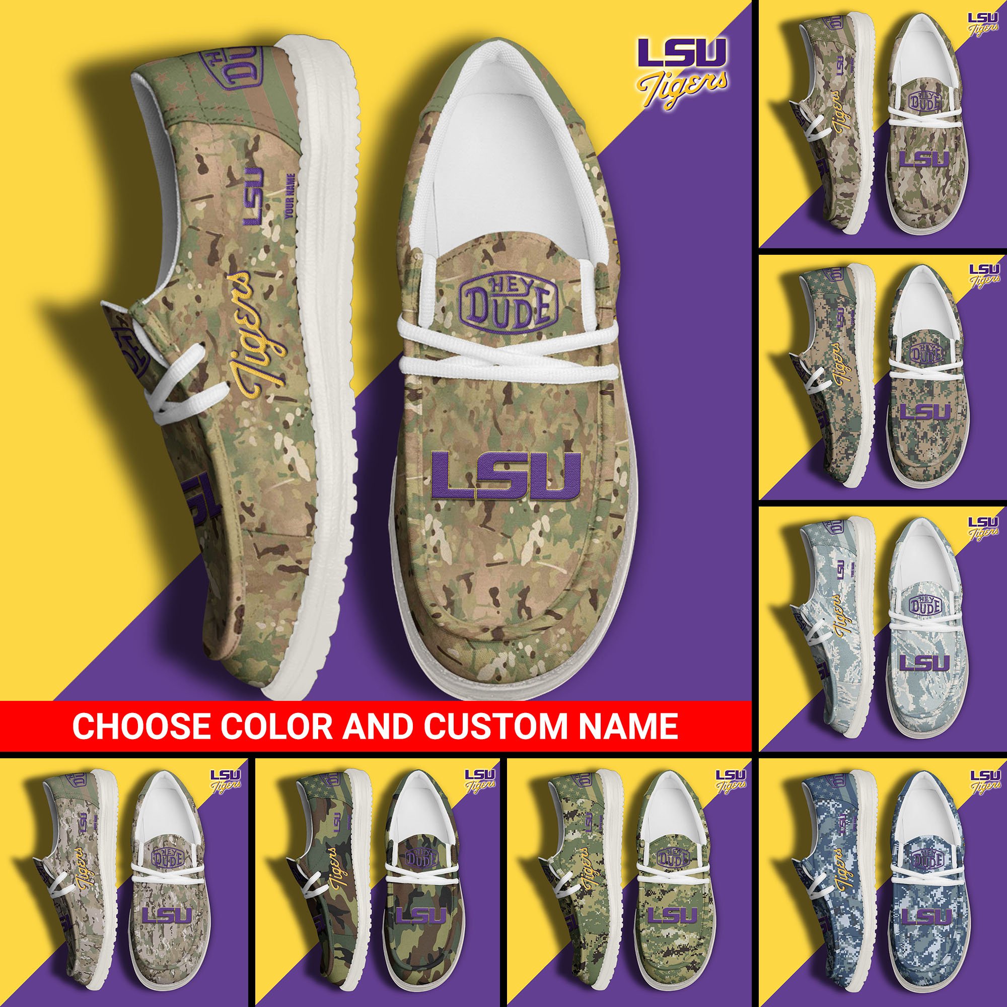 LSU TIGERS Football Hey Dude Canvas Loafer Shoes Custom Your Name And Choose Your Camo, Sport Shoes For Fan, Fan Gifts  EHIVM-61210