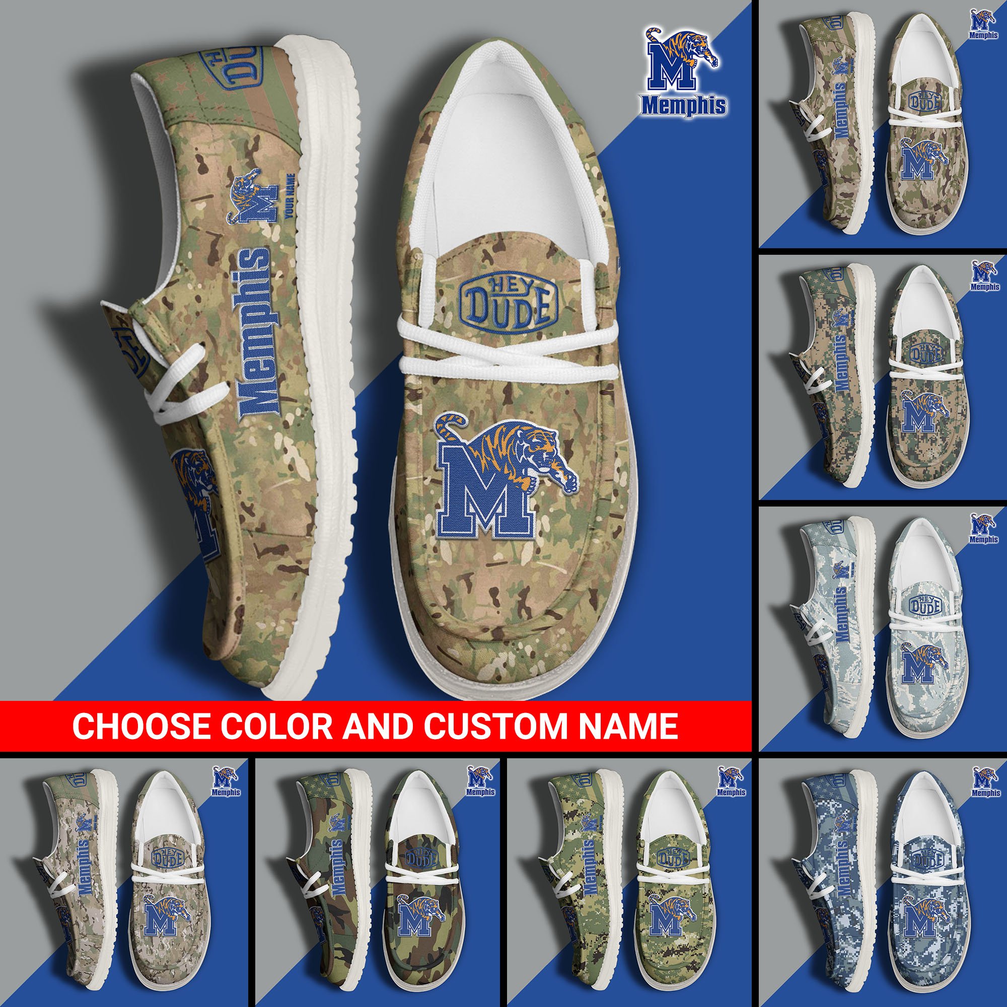 Memphis Tigers Football Hey Dude Canvas Loafer Shoes Custom Your Name And Choose Your Camo, Sport Shoes For Fan, Fan Gifts  EHIVM-61210