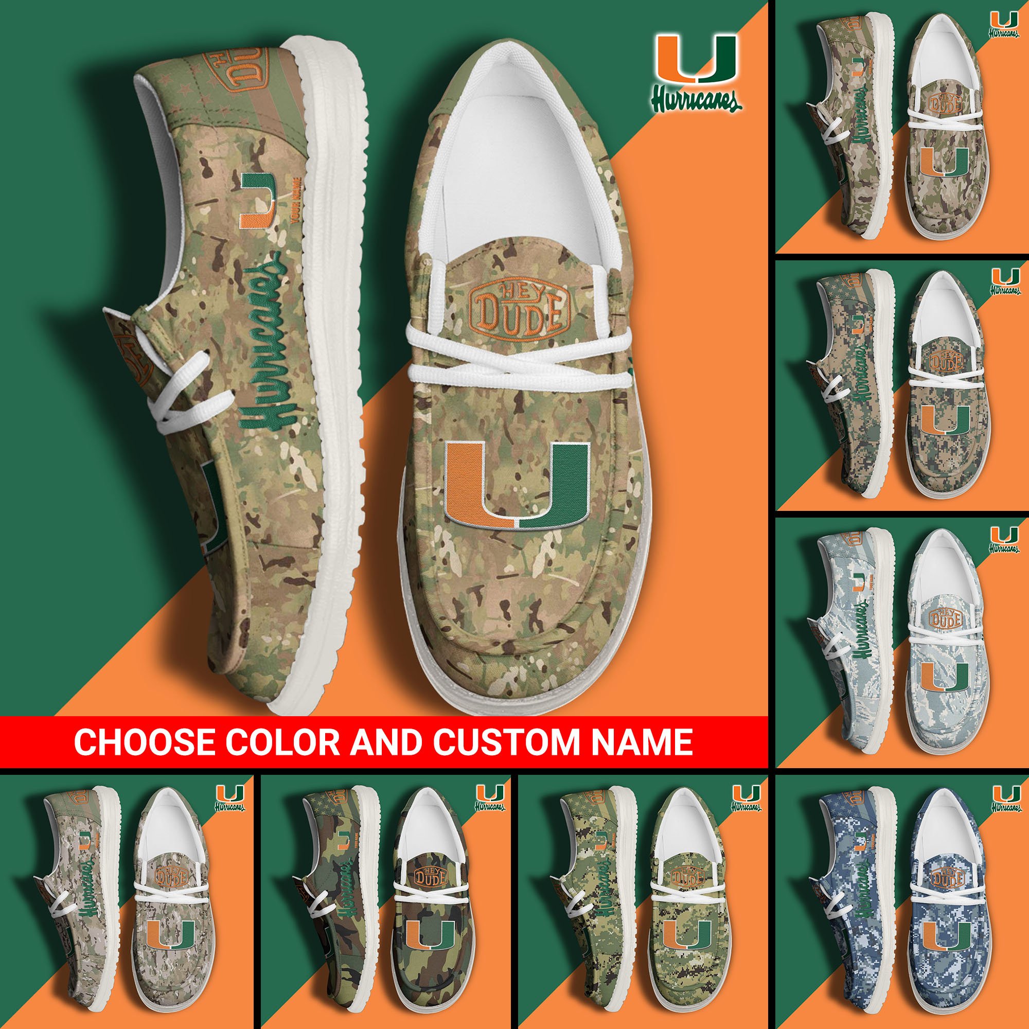 Miami Hurricanes Football Hey Dude Canvas Loafer Shoes Custom Your Name And Choose Your Camo, Sport Shoes For Fan, Fan Gifts  EHIVM-61210