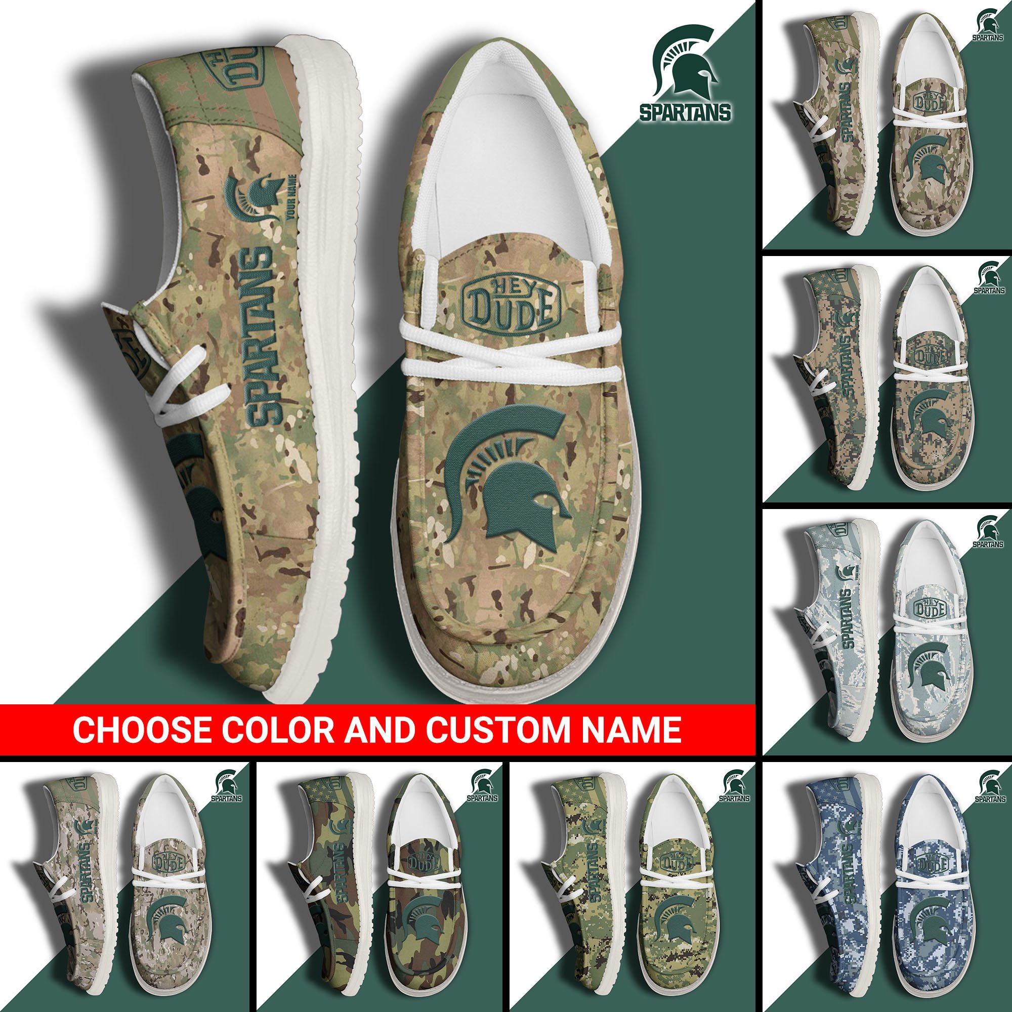 Michigan State Spartans Football Hey Dude Canvas Loafer Shoes Custom Your Name And Choose Your Camo, Sport Shoes For Fan, Fan Gifts  EHIVM-61210